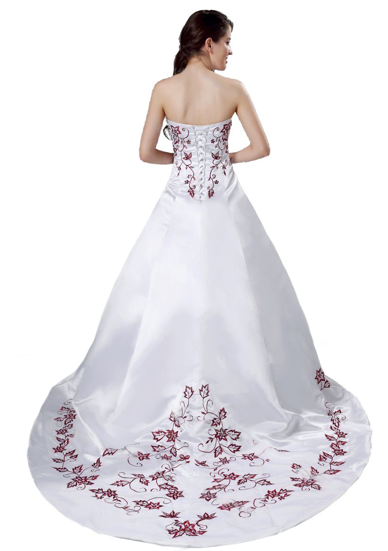 FairOnly M56 Red Embroidery White Wedding Dress - Size S | Elegant Bridal Gown for Church Ceremony, Beach Wedding & Formal Occasions