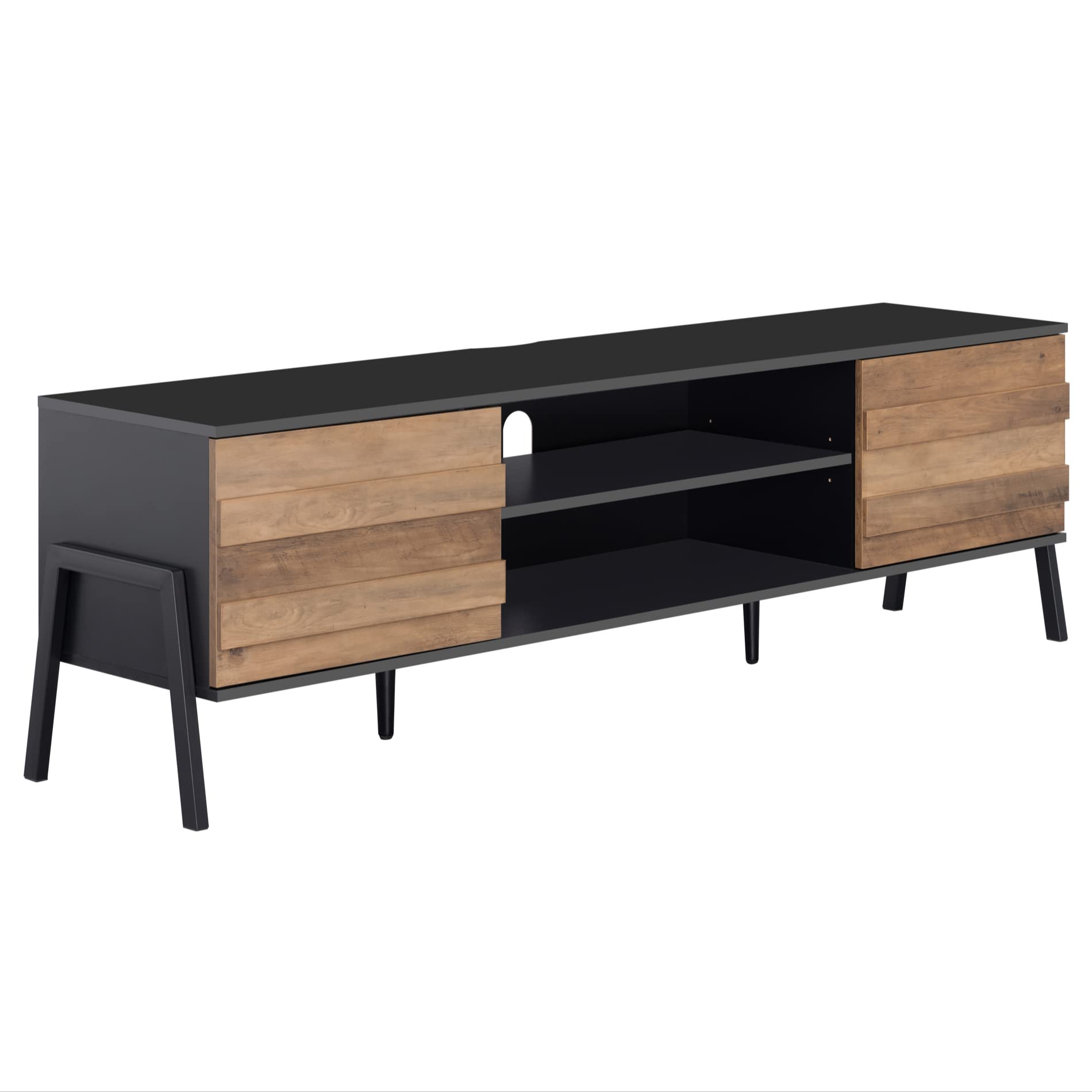 WAMPAT Mid-Century Modern TV Stand for 75+ Inch TVs - Retro Wood Entertainment Center with Storage Cabinet & Metal Legs - 70 Inch TV Console Table for Living Room & Bedroom (Black/Brown) - Perfect for Home Theater Setup & Stylish Living Spaces