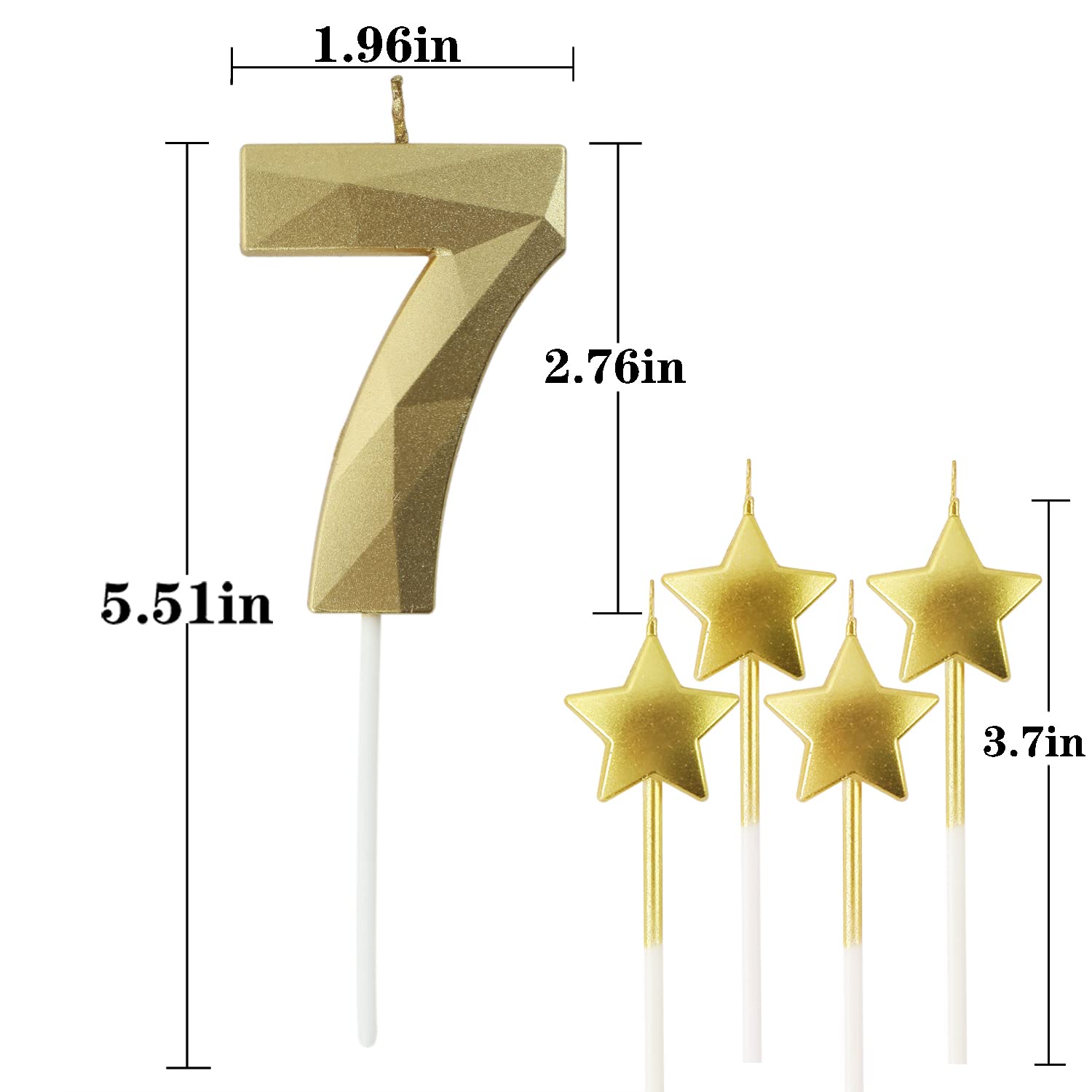 Golden Number 7 & Star Birthday Cake Candles - 2.76 Inch 3D Diamond Shaped Decorative Candles for Birthday Parties, Anniversary Cakes, and Special Celebrations (Gold)