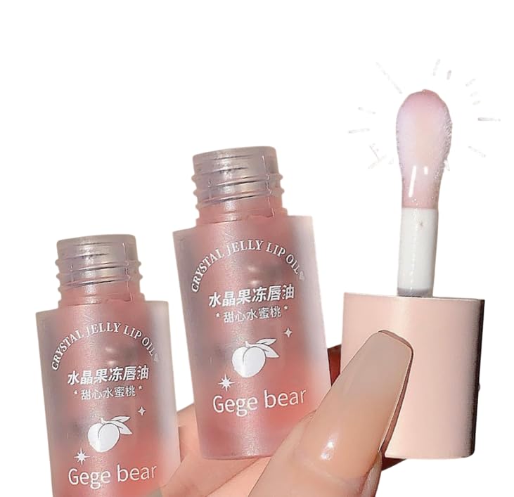 Gege Bear Crystal Jelly Lip Gloss Set - 2 Pack Fruity Lip Gel (Peach & Grape) for Women, Clear Transparent Hydrating Lip Balm with Vitamin E - Perfect for Daily Moisture, Night Care & Makeup Looks