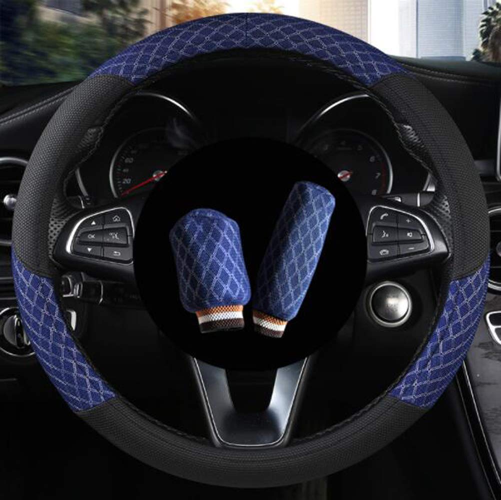 Carmen 3-in-1 Universal 15-Inch Steering Wheel Cover, Gear Shift Cover & Handbrake Cover Set - Non-Slip Grip for Cars, Trucks & SUVs (Blue) | Perfect for Driving Comfort & Interior Protection