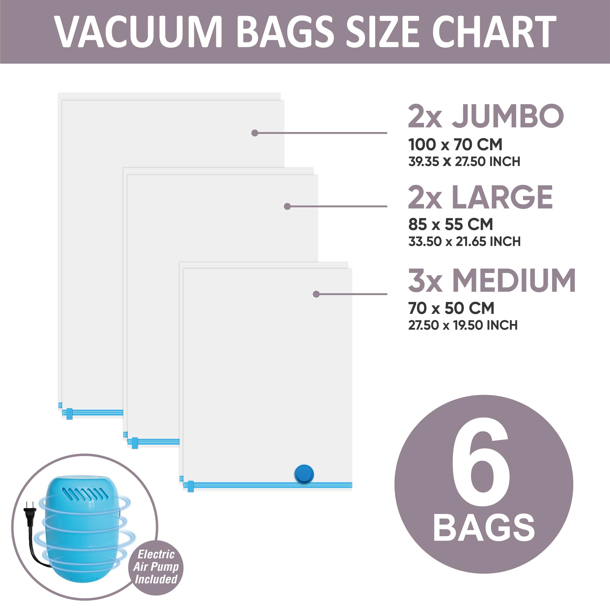6 Pack Vacuum Storage Bags with Electric Pump - Space Saving Vacuum Sealed Bags (2 Jumbo/2 Large/2 Medium) for Clothes, Comforters, Pillows, Blankets & Bedding Storage | Perfect for Travel, Seasonal Storage & Home Organization