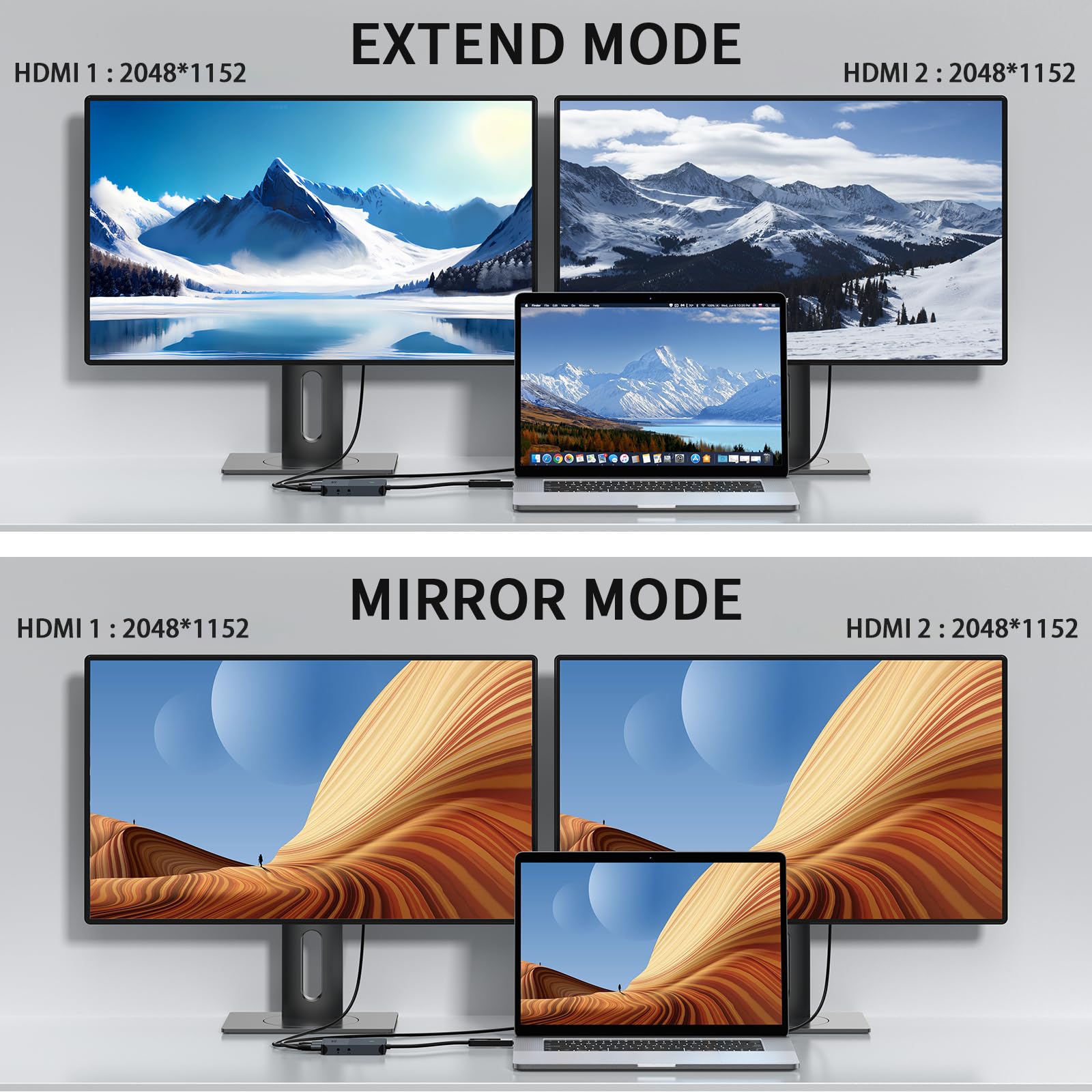 USB to Dual HDMI Adapter - 2K@60Hz for Dual Monitors, Windows & Mac - Home & Office Use