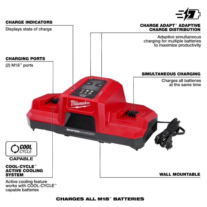 Milwaukee M18™ Dual Bay Super Charger Starter Kit - Fast Charging for M18 Batteries - Perfect for Power Tools & Outdoor Equipment