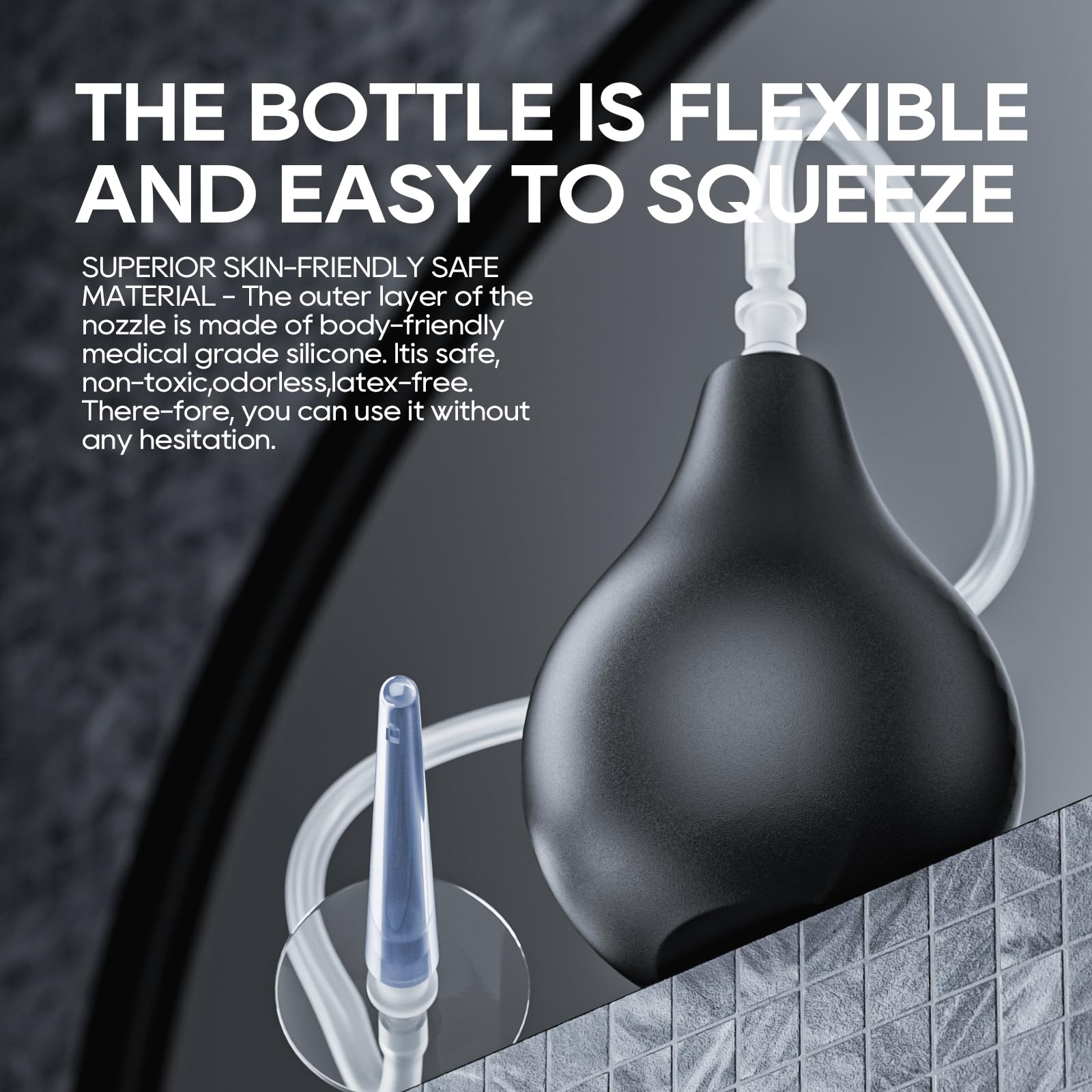 Premium Black Silicone Enema Bulb Kit 7.6oz - Anal Douche Cleaner for Men & Women with 19.7in Hose + 4 Replaceable Nozzles - Safe & Comfortable Colon Cleansing for Pre-Sex Preparation, Health Hygiene & Wellness Routine (Black)