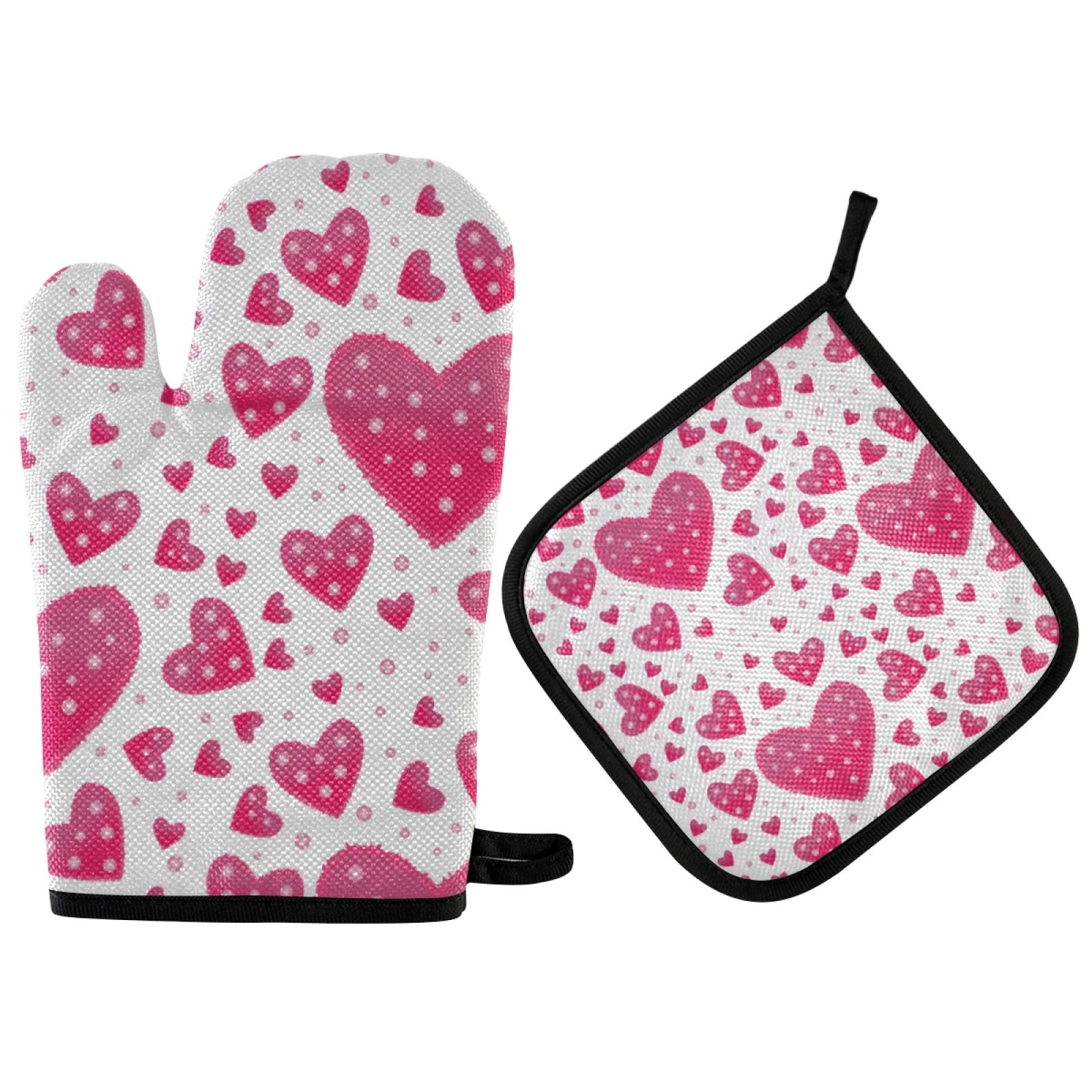 Valentine's Day Pink Oven Mitts and Pot Holders Set - Heat Resistant Kitchen Gloves with Heart Design for Baking, Cooking, BBQ - Perfect Gift for Mother's Day, Housewarming & Romantic Dinners