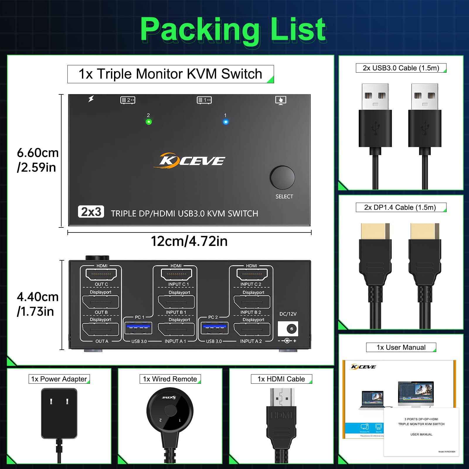 8K@60Hz 4K@144Hz Triple Monitor KVM Switch for 2 Computers - HDMI & 2 DisplayPort, 4 USB 3.0 Ports, Keyboard/Mouse Sharing - Includes Wired Remote & 5 Cables - Perfect for Home Office, Gaming Setup & Multi-Tasking Workspaces