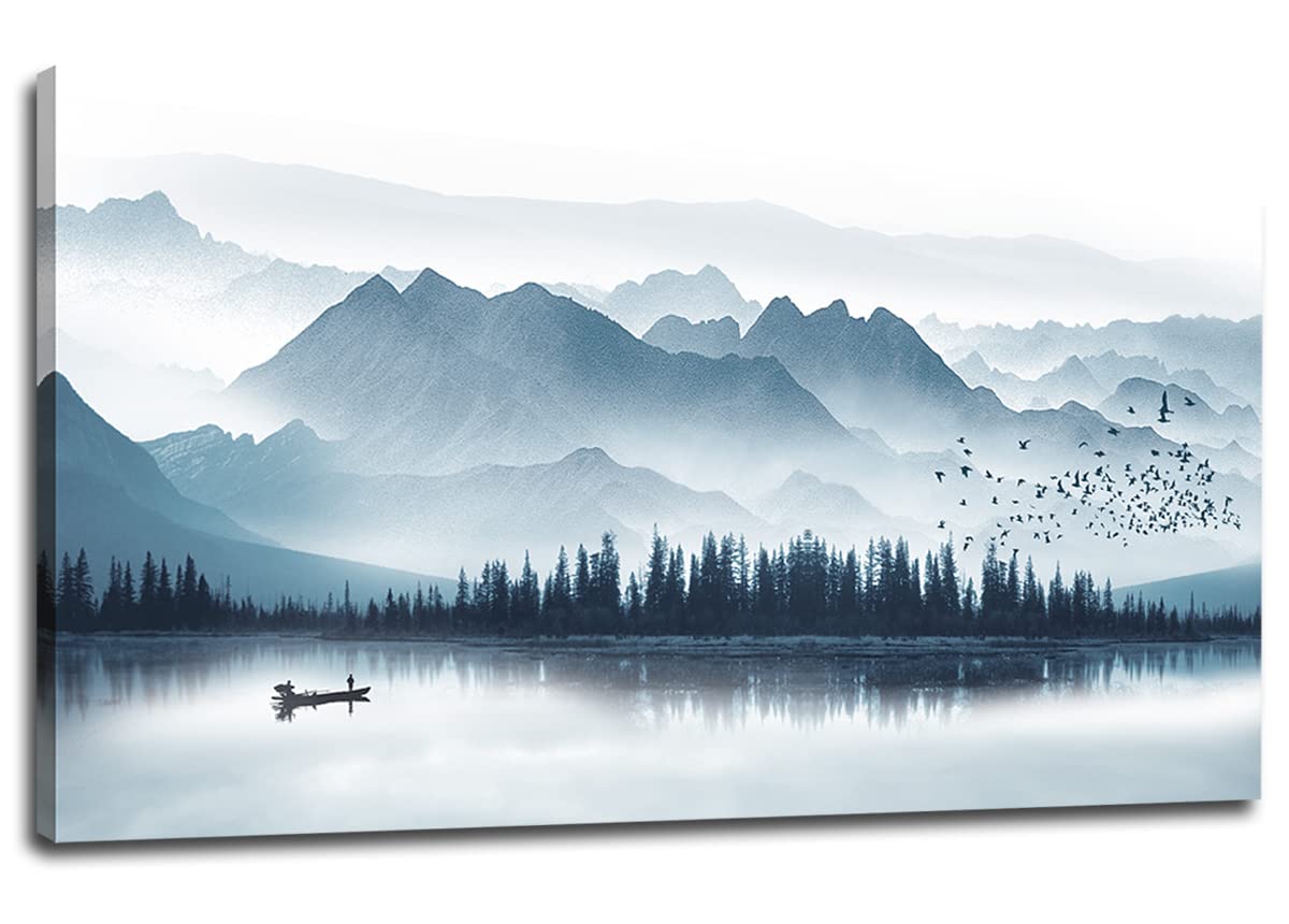 arteWOODS Indigo Misty Mountain Lake Canvas Wall Art - 20x40 Inch Blue Grey Forest Landscape Painting with Birds, Boat & Fog - Modern Nature Scenery for Living Room, Bedroom & Office Decor