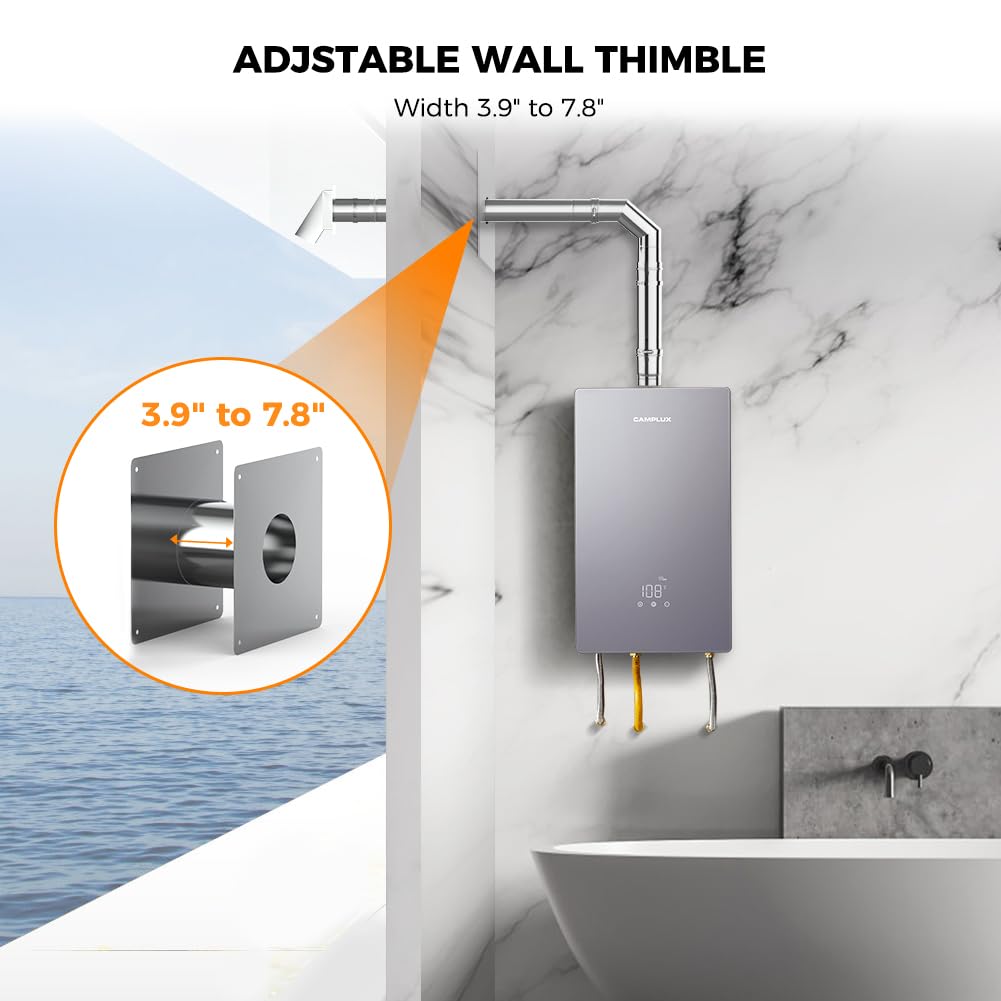 CAMPLUX 3 Inch Stainless Steel Vent Pipe Kit - Horizontal Installation for Indoor Gas Tankless Water Heaters | Perfect for Home, RV & Tiny House Use