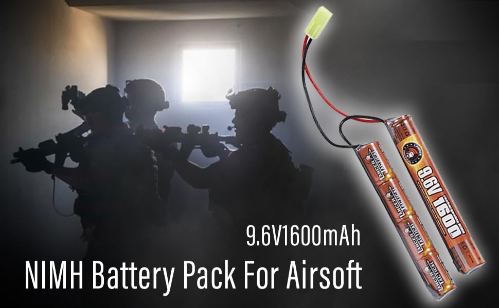 Lancer Tactical 9.6V 1600mAh NiMH Airsoft Battery Pack with Smart Charger - Tamiya Connector Nunchuck for 8.4V-9.6V AEG Batteries | Perfect for Airsoft Skirmishes, MilSim Games & Outdoor Shooting Practice
