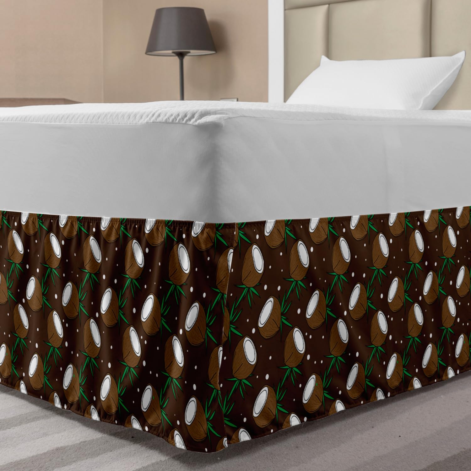 Ambesonne Chocolate Brown Bed Skirt - Tropical Coconut & Dot Pattern Elastic Dust Ruffle Wrap Around for Twin/Twin XL Beds - Perfect for Beach House & Boho Bedroom Decor