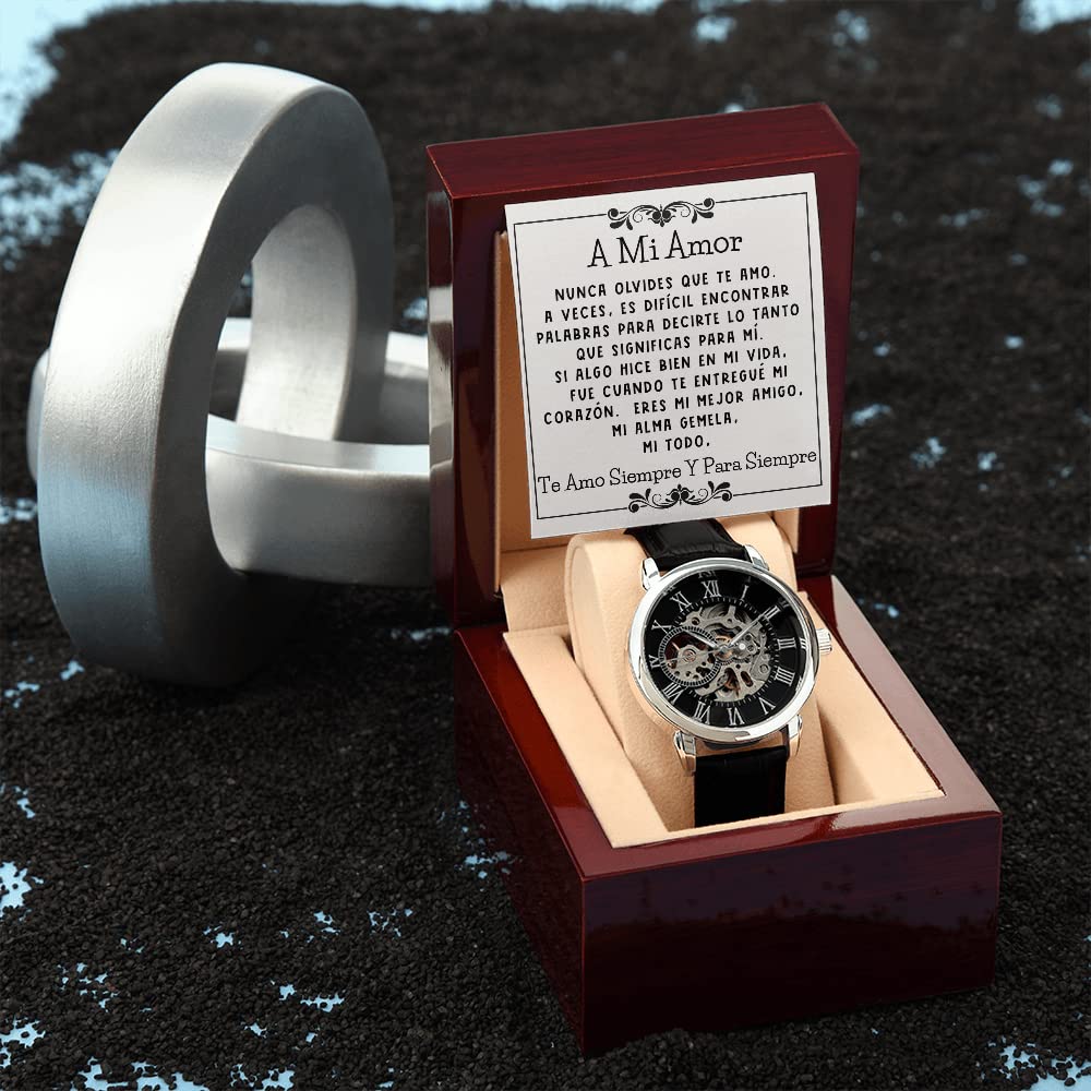 Automatic Skeleton Watch for Men - Romantic 'A Mi Amor' Spanish Gift for Him - Perfect Father's Day Present - Stylish Mechanical Watch for Daily Wear & Special Occasions