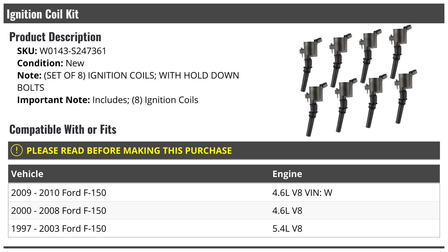 High Performance Ignition Coil Kit - 8 Piece Set for 1997-2010 Ford F-150 V8 5.4L Engine - Direct Replacement Parts for Smooth Acceleration & Better Fuel Efficiency - Perfect for Off-Roading, Towing & Daily Driving