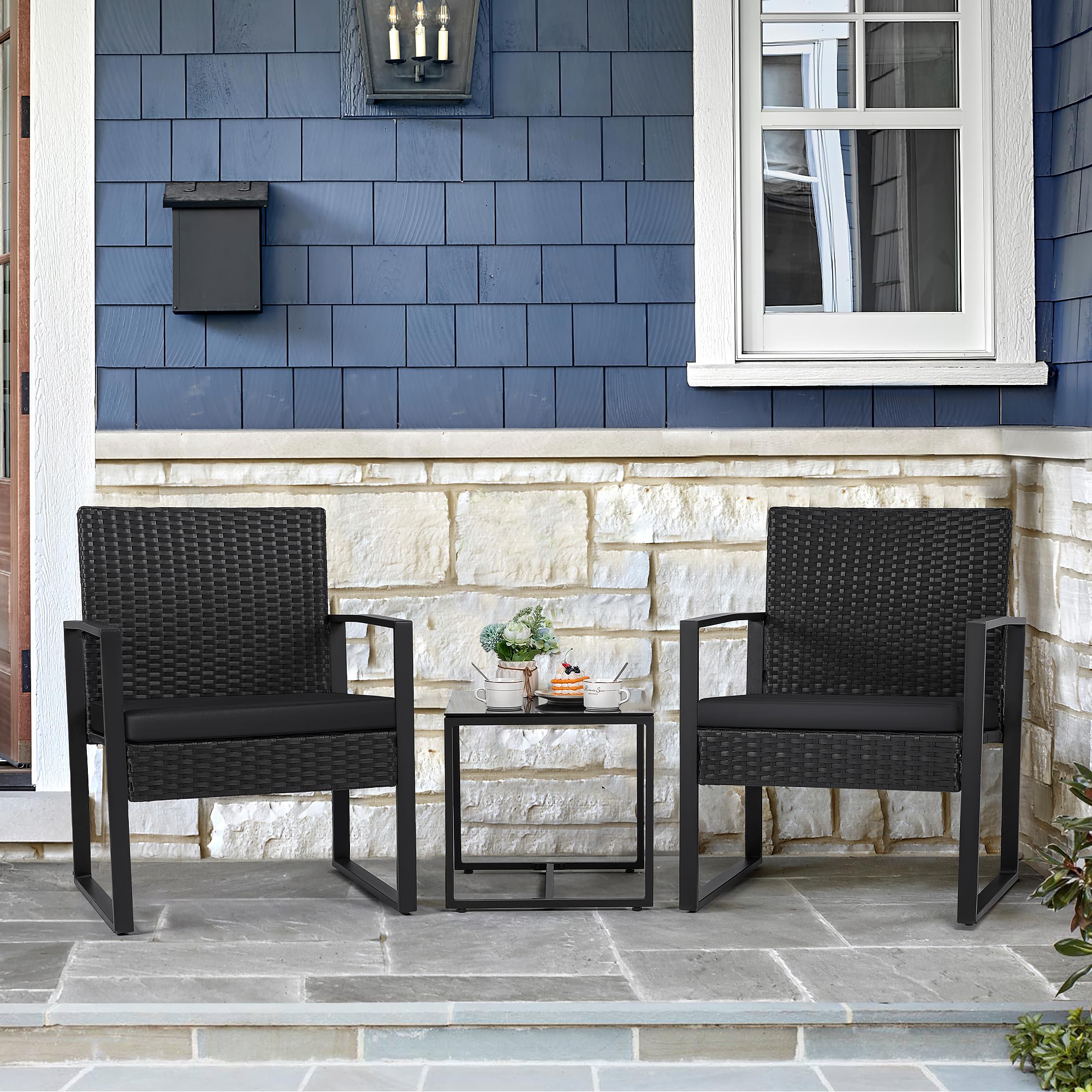 Flamaker 3-Piece Outdoor Patio Furniture Set - Modern Wicker Rattan Chairs with Coffee Table - Black Bistro & Garden Conversation Set for Backyard, Poolside & Balcony Relaxation