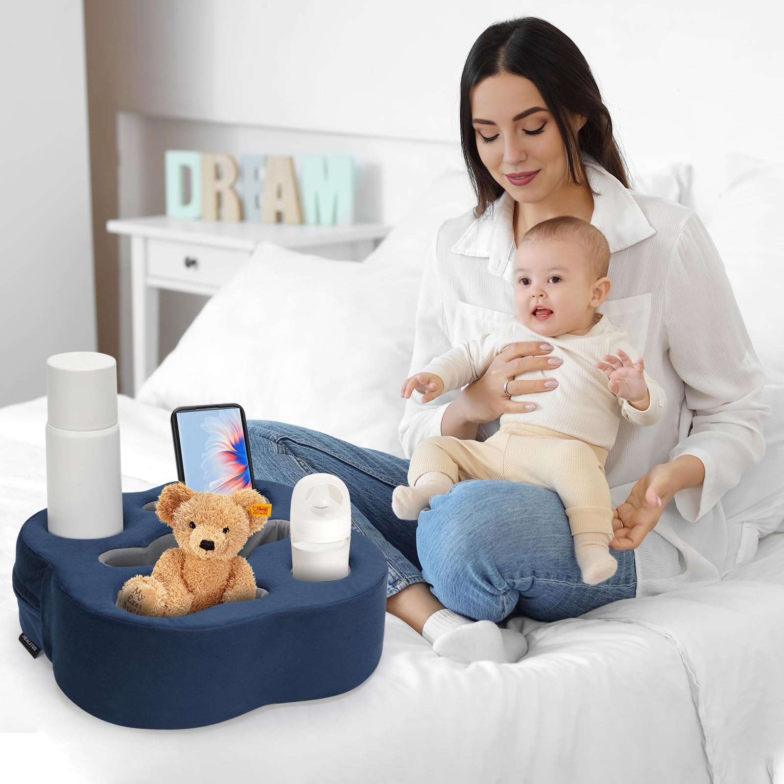 Universal Couch Cup Holder Pillow - Sofa & Bed Organizer Caddy for Drinks, Remote Controls, Phones & Snacks - Navy Blue - Perfect for Movie Nights & Relaxing at Home
