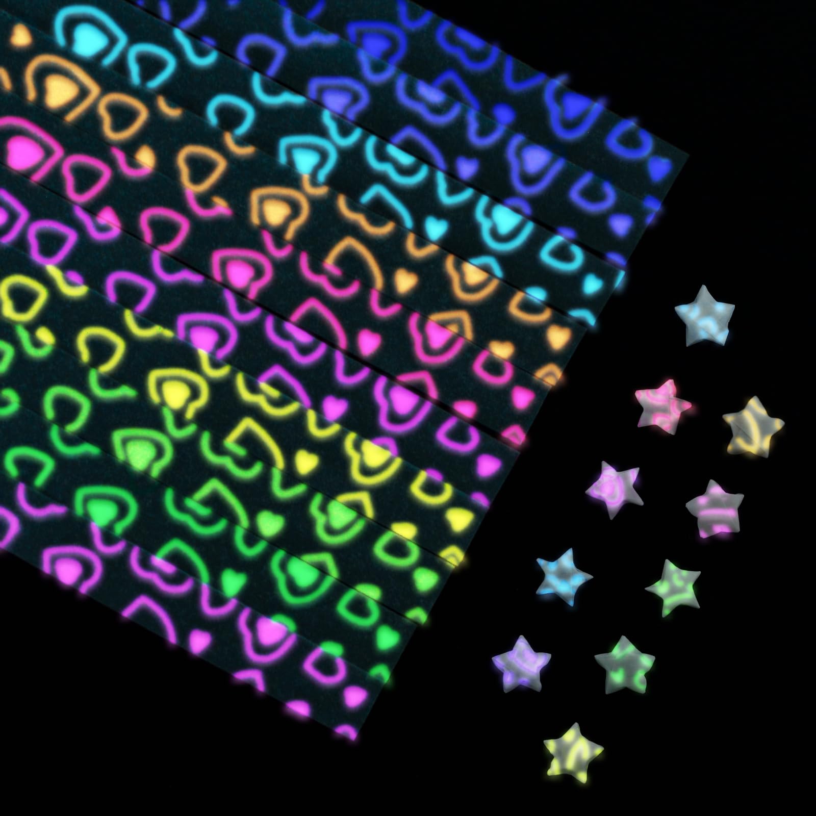 210 Sheets Origami Paper Strips - 10 Vibrant Colors Glow in The Dark Heart & Star Strips for DIY Crafts, Handmade Projects, School Teaching - Perfect for Gift Wrapping, Party Decorations & Scrapbooking