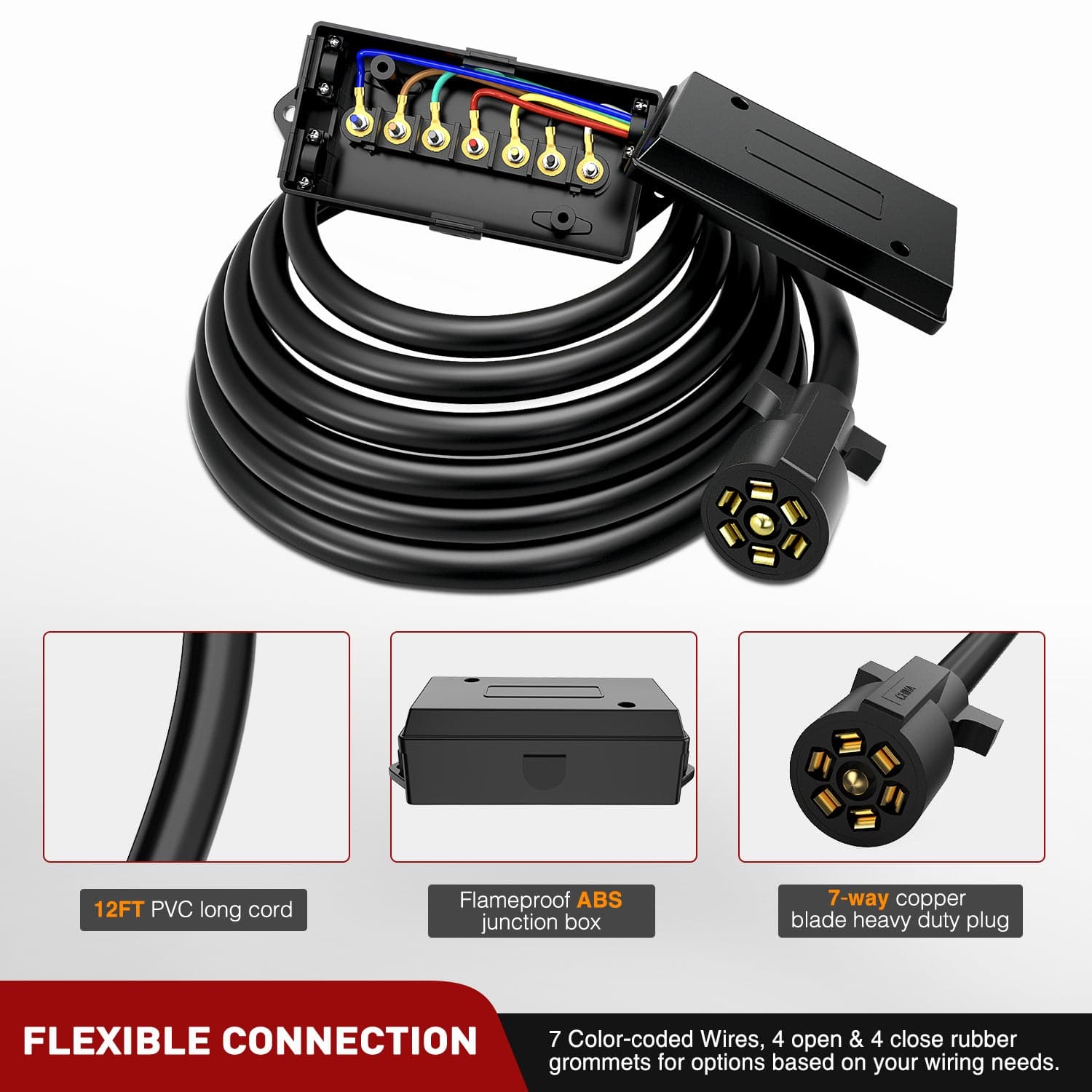 12 Feet Heavy Duty 7 Way Inline Trailer Plug with 7 Gang Junction Box - Waterproof & Durable RV Trailer Wiring Harness for Towing, Camping & Hauling