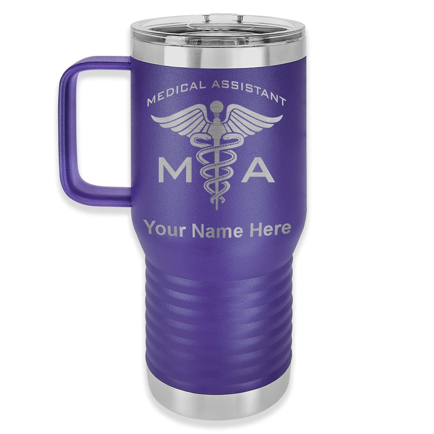LaserGram 20oz Vacuum Insulated Stainless Steel Travel Mug with Handle - Personalized Engraved Gift for Medical Assistants (Dark Purple) | Keeps Drinks Hot/Cold for Hours - Perfect for Nurses, Doctors & Healthcare Professionals at Work or Commuting