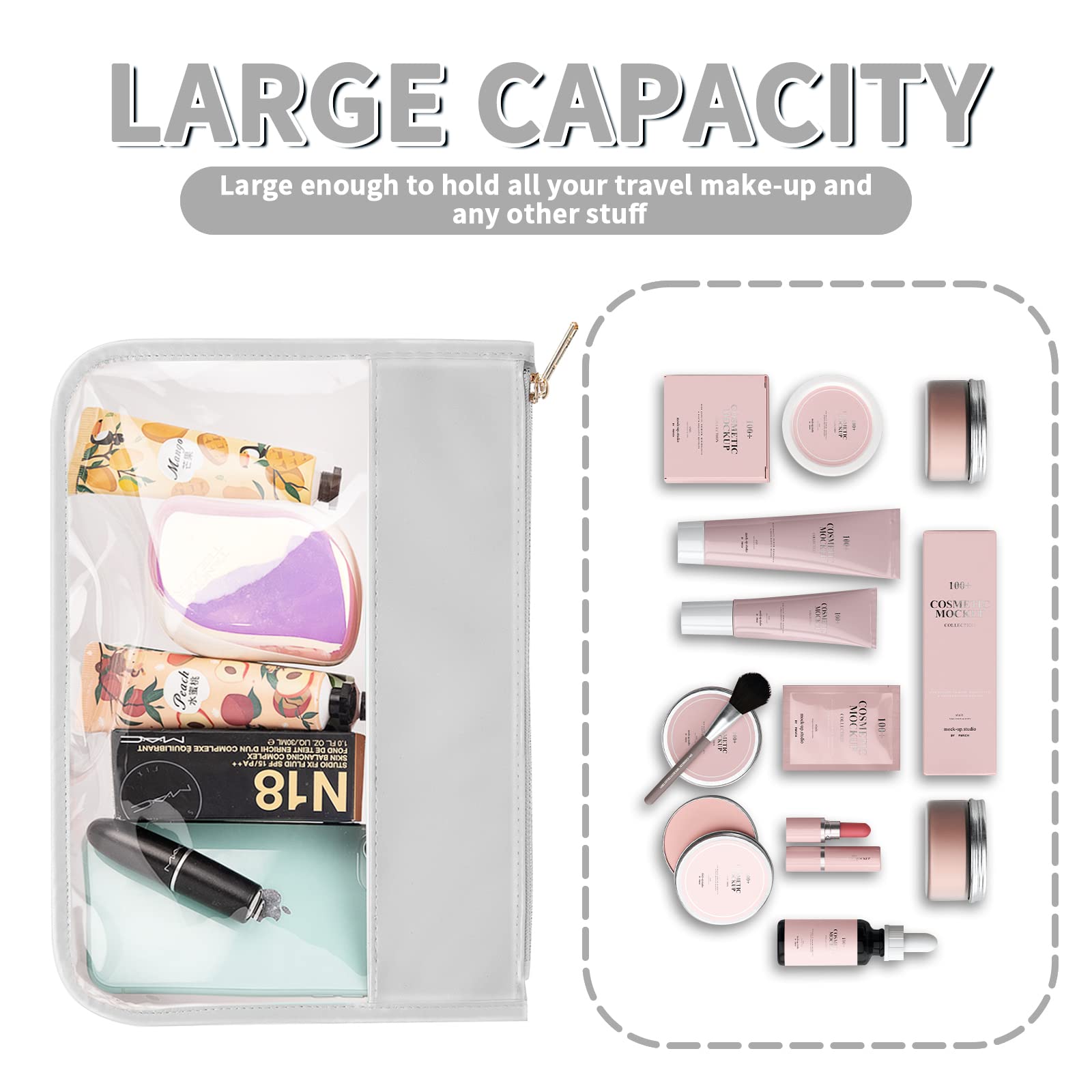 Iqimott Clear Zipper Pouch - DIY Transparent Makeup Cosmetic Bag for Women & Girls, Chenille Letter Travel Toiletry Organizer (Grey) | Perfect for Travel, School, Gym & Daily Essentials Storage