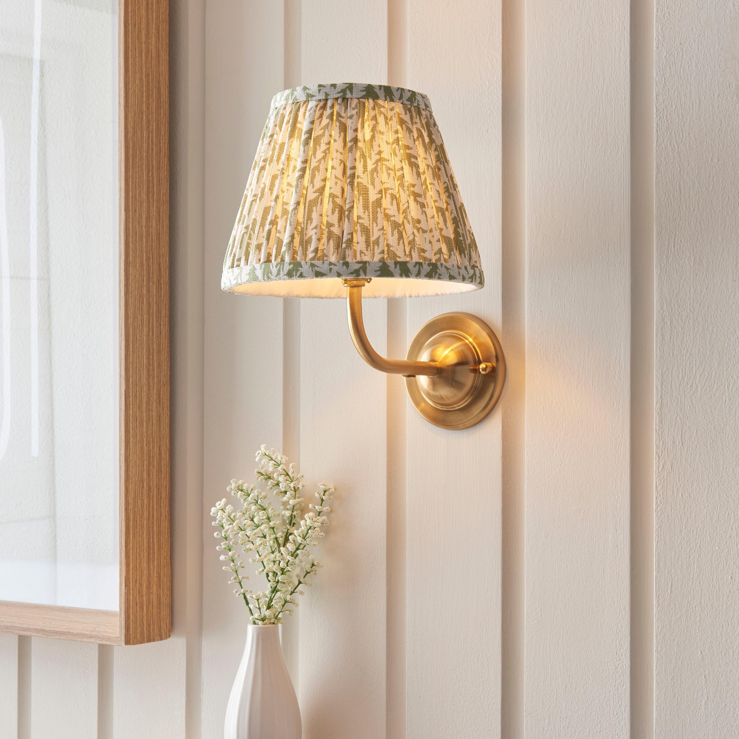 Brass Wall Light with Dome Arc Design & Leaf Pattern - 20cm Herb Garden Green Shade - Perfect for Living Room, Bedroom, and Outdoor Patio Lighting