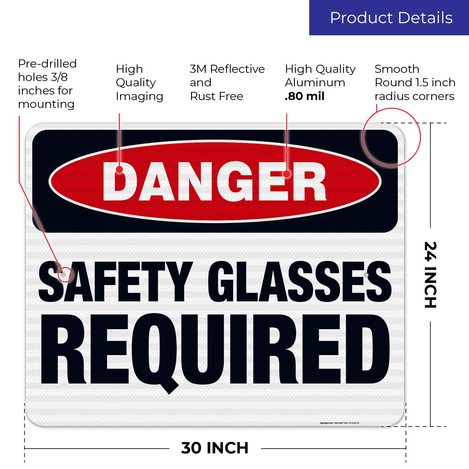Danger Safety Glasses Required Sign - OSHA Compliant 24x30 Inches Reflective Aluminum Sign | 3M EGP .080 Thick, Fade Resistant for Indoor/Outdoor Use | Made in USA | Perfect for Construction Sites, Factories & Hazardous Work Areas
