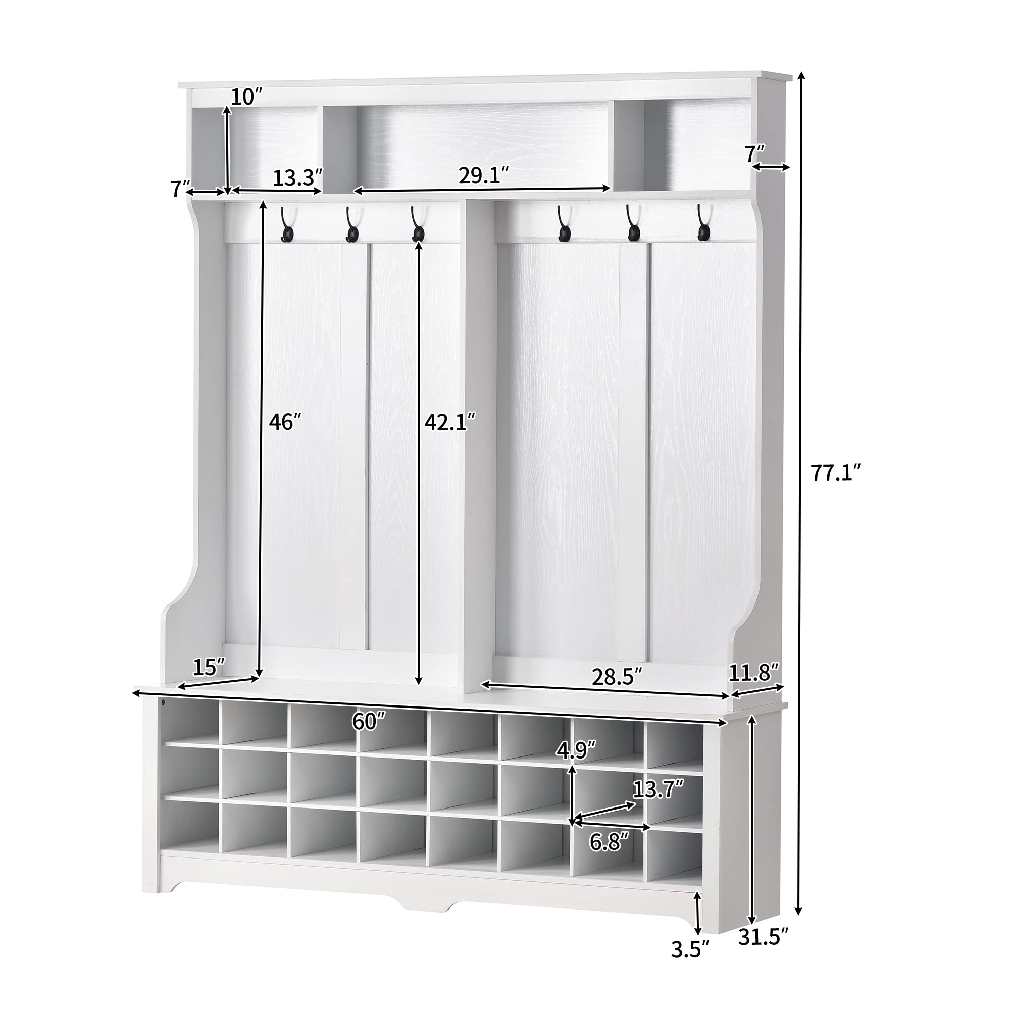Polibi Hall Tree Storage Bench - Coat Rack with Black Metal Hooks, Entryway Bench with 24 Shoe Grids - White Entryway Organizer for Hallway, Living Room & Bedroom - Perfect for Small Space Organization & Home Decor