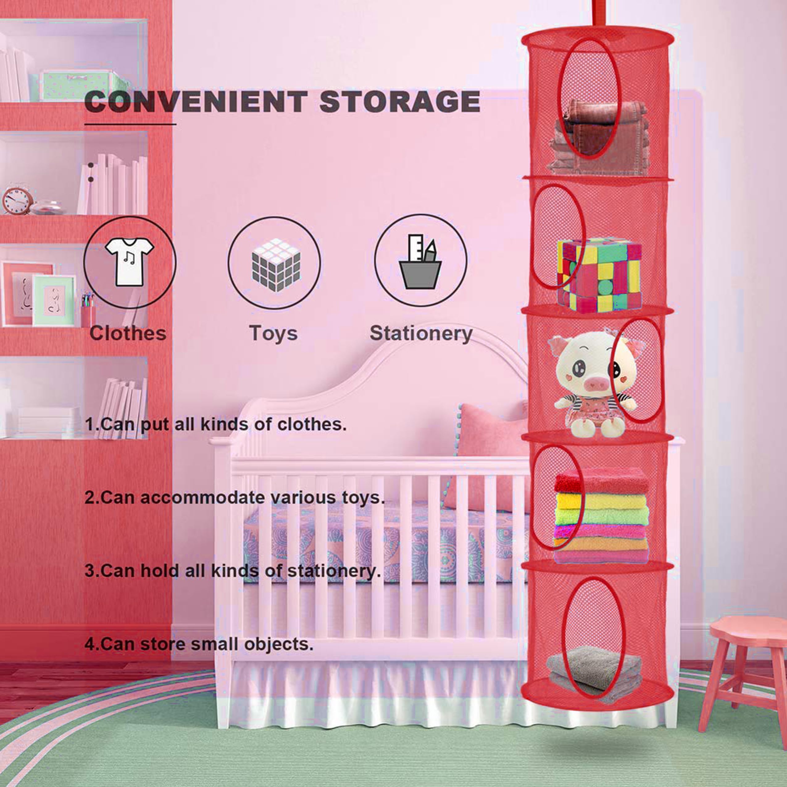 Libeder Foldable Mesh Hanging Storage Organizer - 5 Compartment Toy Net Basket for Kids Room & Bathroom (2 Pack, Red) | Space Saving Stuffed Animal & Clothes Storage Solution for Home Organization
