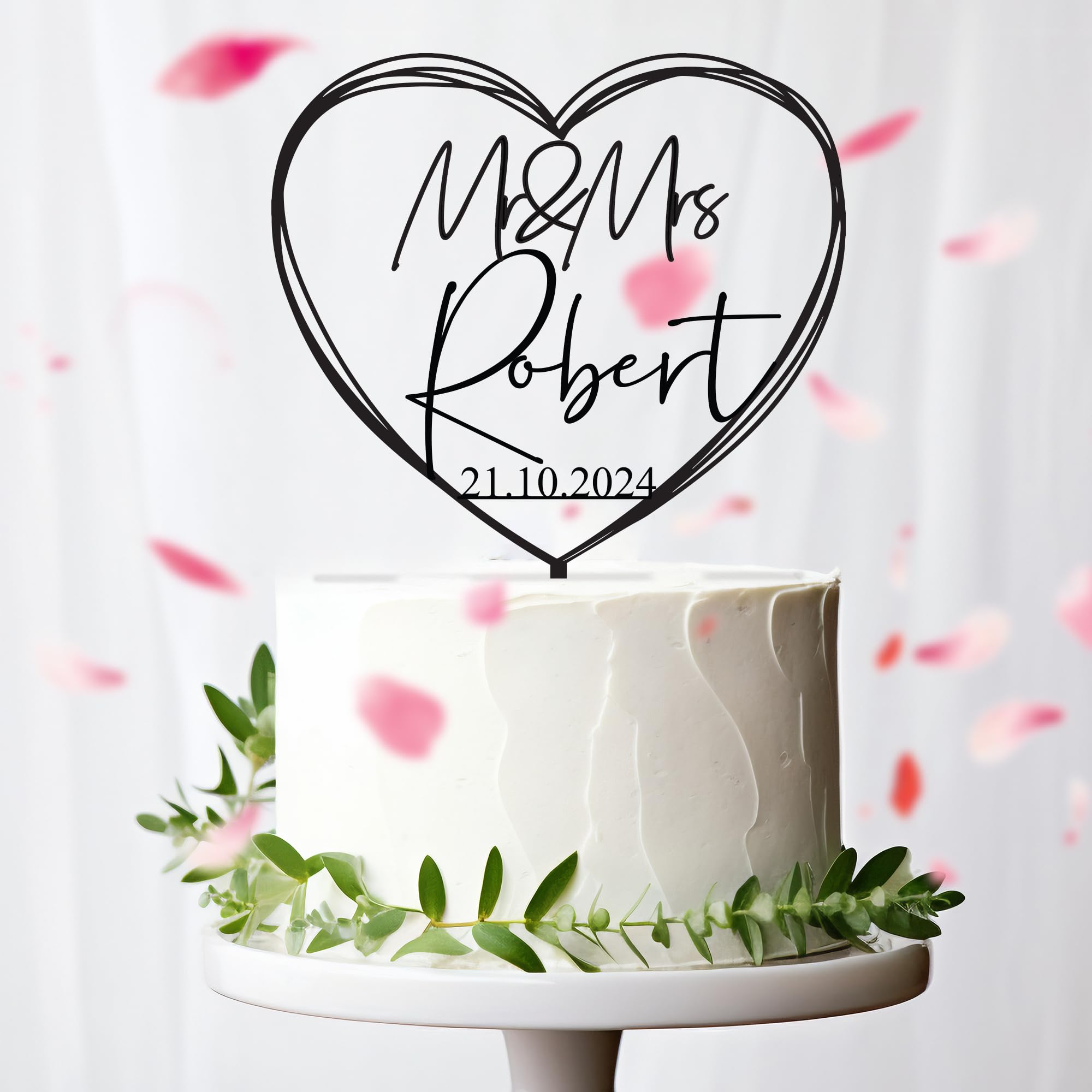 Custom Heart-Shaped Wooden Wedding Cake Toppers - Personalized Love & Anniversary Cake Decorations for Weddings, Anniversaries & Romantic Celebrations - CT06
