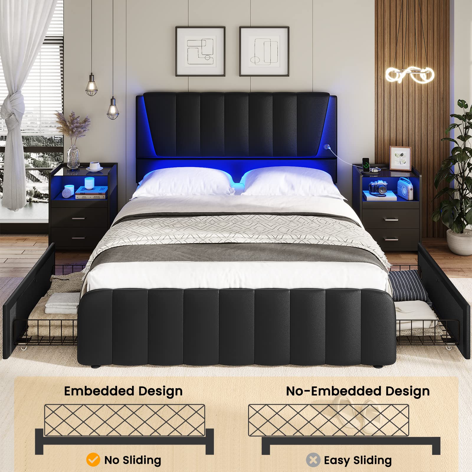 AOGLLATI Queen Size Bed Frame with Headboard, 4 Storage Drawers & LED Lights - Wooden Slat Support Platform Bed with 2 USB Ports, No Box Spring Needed - Perfect for Modern Bedrooms, Small Spaces & Guest Rooms
