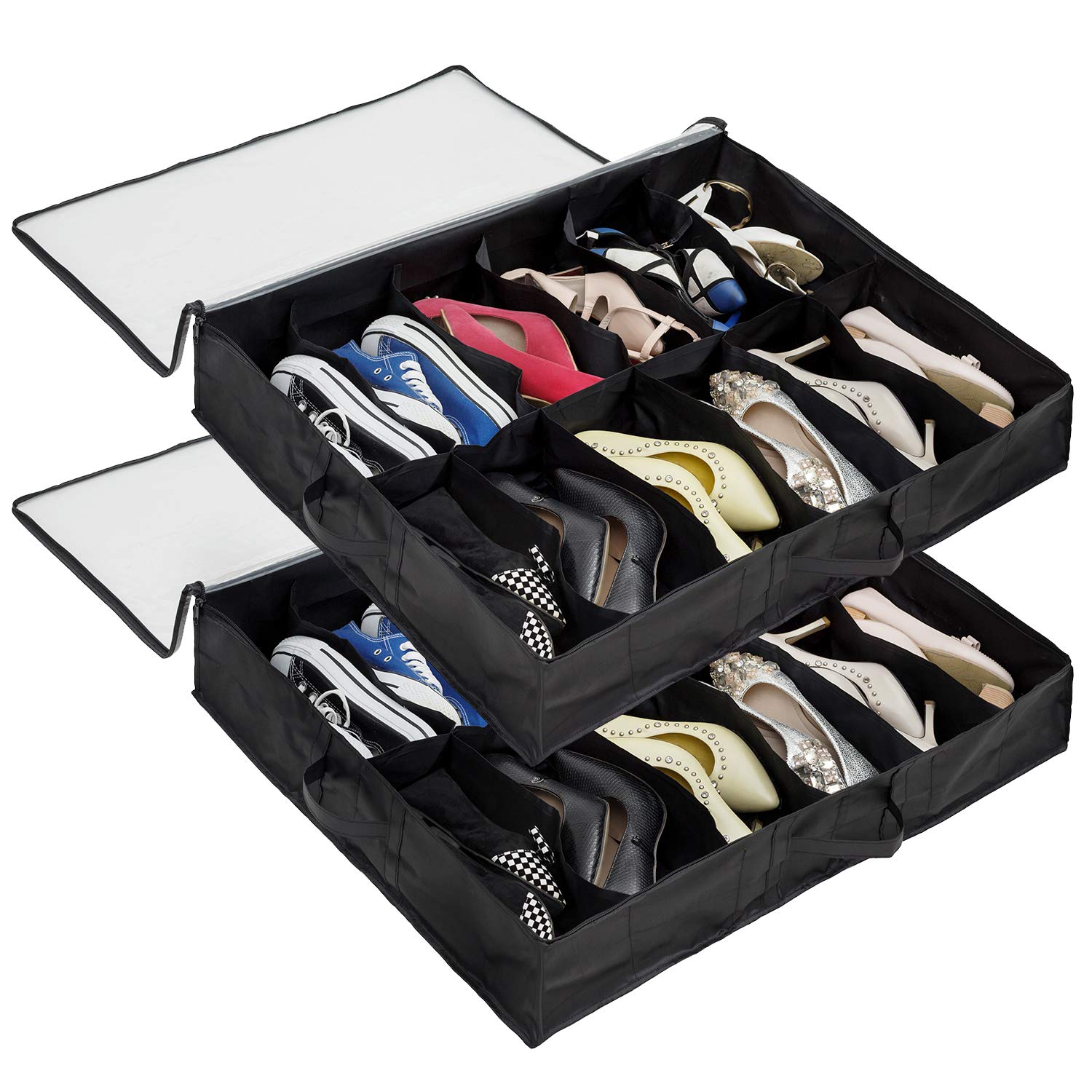 Surblue 12 Pairs Under Bed Shoe Organizer Storage Bags - Space Saving Closet & Travel Shoe Storage (Black) - Perfect for Bedroom, Closet, Dorm & Luggage Organization