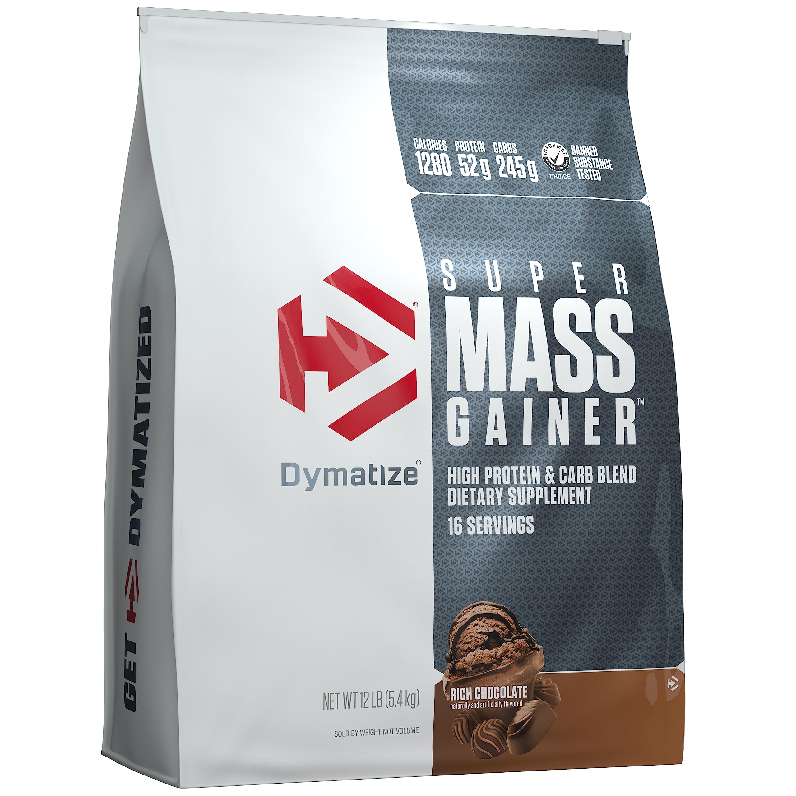 Dymatize Super Mass Gainer Protein Powder - Rich Chocolate Flavor | 52g Protein, 1g Creatine, 1280 Calories | Whey Protein, Isolate & Casein Blend | 10.7g BCAAs, 245g Carbs | 16 Servings | Ideal for Muscle Building, Weight Gain & Post-Workout Recovery