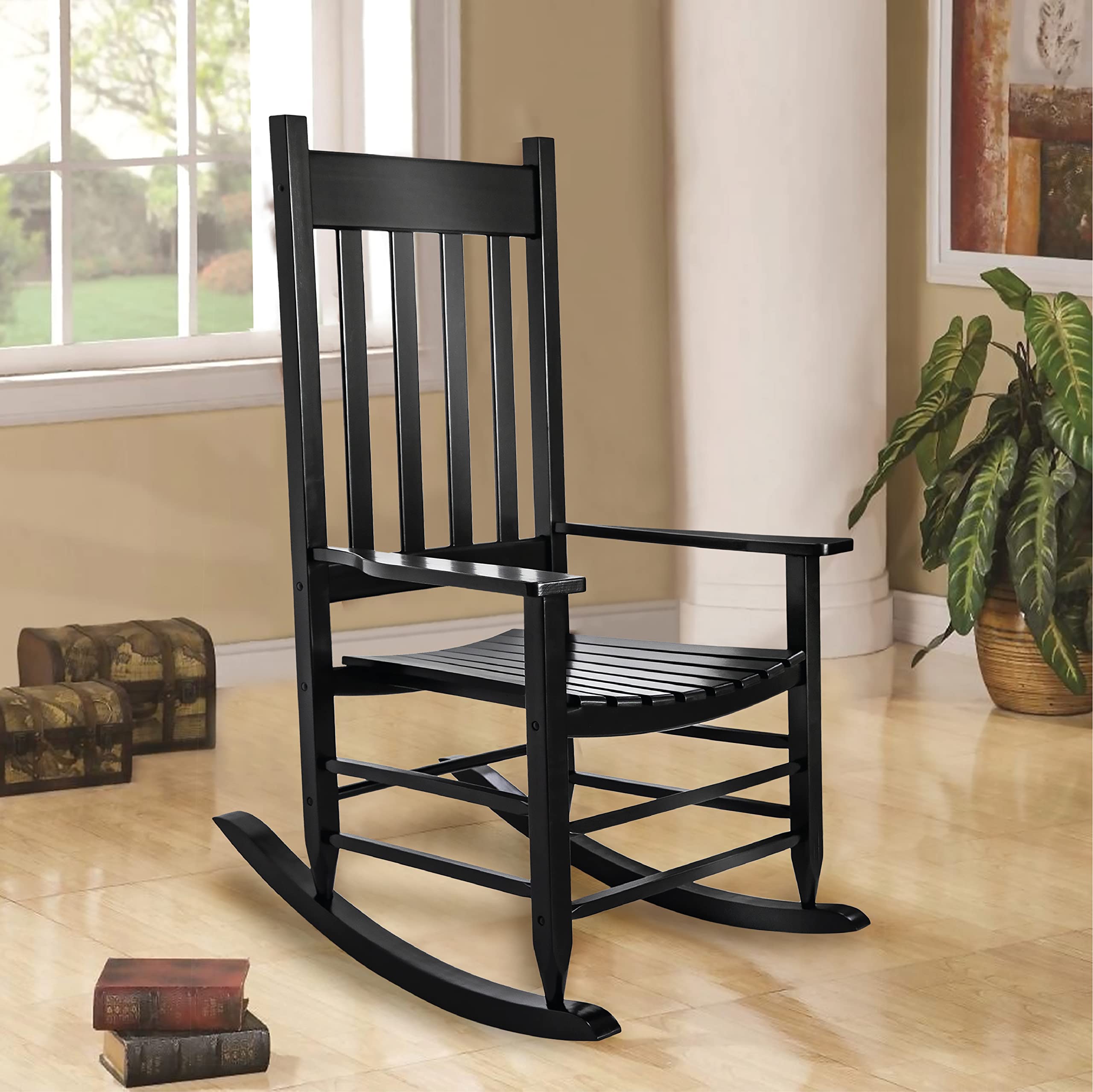 Premium Acacia Solid Wood Rocking Chair - FSC Certified Hardwood Indoor/Outdoor Rocker - Comfortable Front Porch, Patio & Garden Furniture for Relaxation (Black Finish) | Perfect for Reading, Sunbathing & Outdoor Lounging