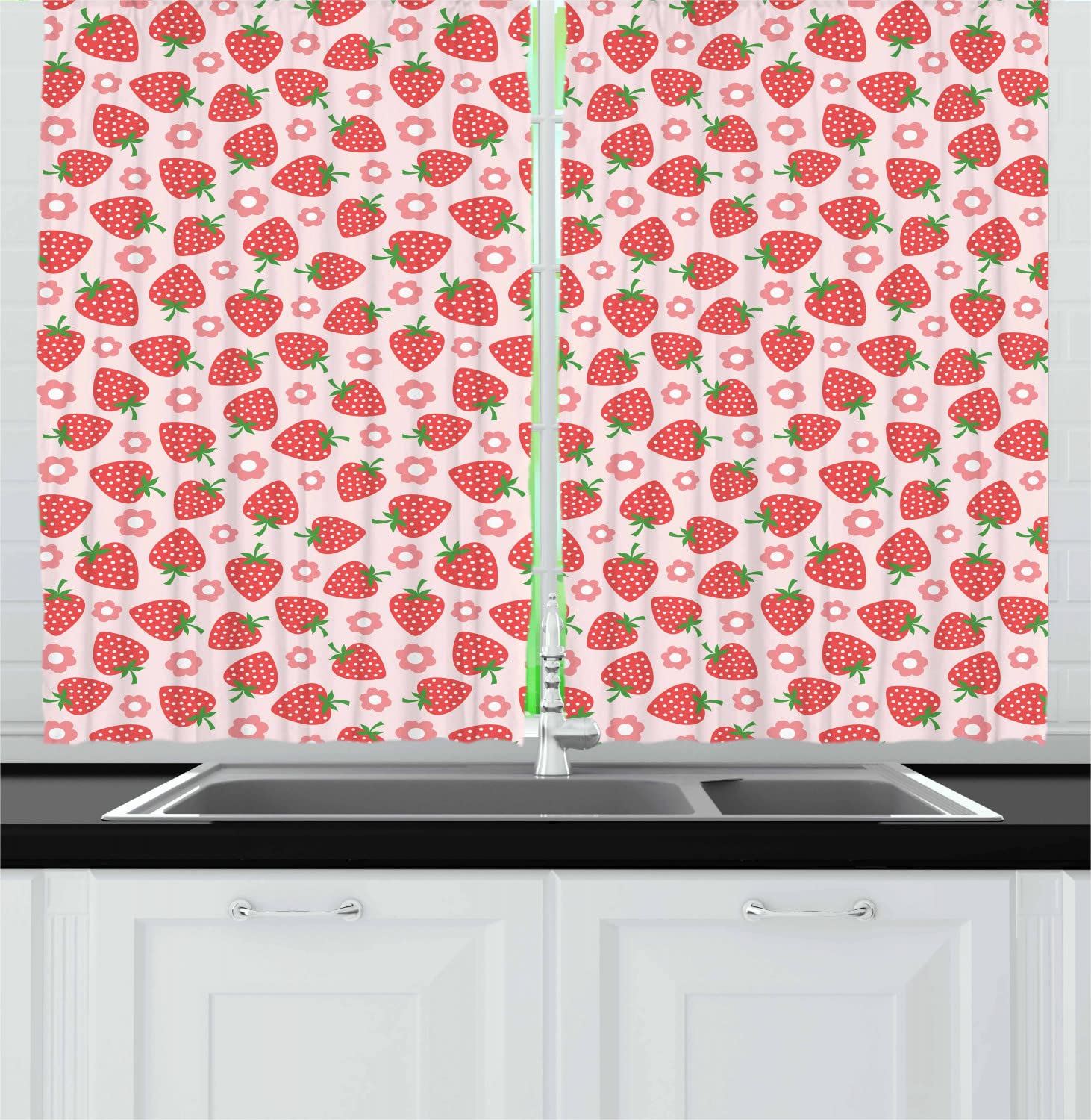 Ambesonne Retro Strawberry & Floral Kitchen Curtains - 2 Panels with Rod Pocket, 55x45 Inches, Pale Pink Dark Coral Green - Vintage Farmhouse Decor for Windows, Dining Room, and Country Style Homes