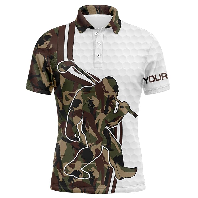 Funny Bigfoot Golf Polo Shirts for Men - Camouflage Pattern White Custom Name Sasquatch Playing Golf Apparel - Short Sleeve Breathable Performance Shirt - Perfect Golf Gift & Casual Wear for Outdoor Activities