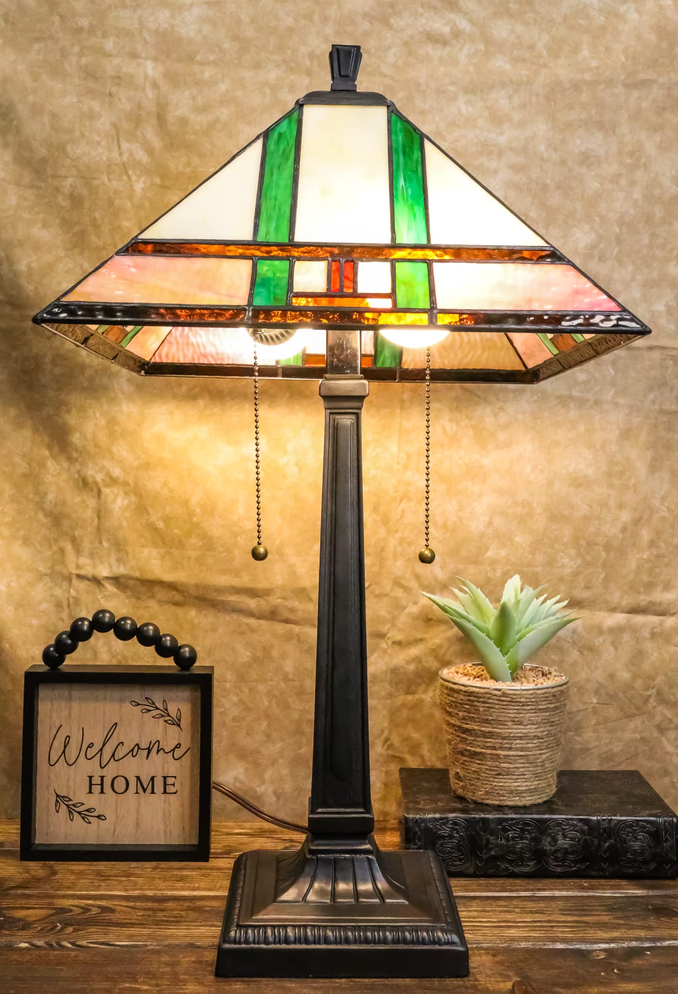 Frank Lloyd Wright Inspired Mission Style Pyramid Glass Shade Table Lamp with Wood Base - 24.5