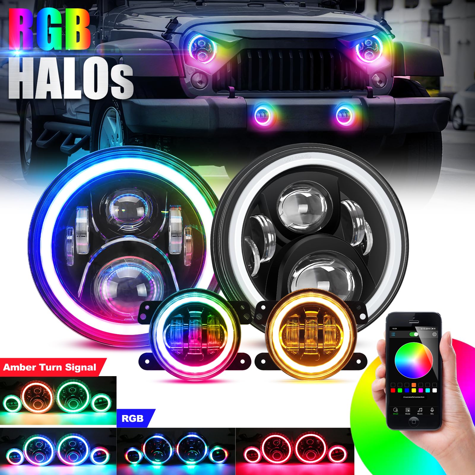SUPAREE 7 Inch Round RGB LED Headlight Fog Lights with Amber Turn Signal - DOT Approved Halo Light for Jeep Wrangler JK JKU TJ LJ (1997-2017) - Off-Road Adventure & Night Driving Upgrade