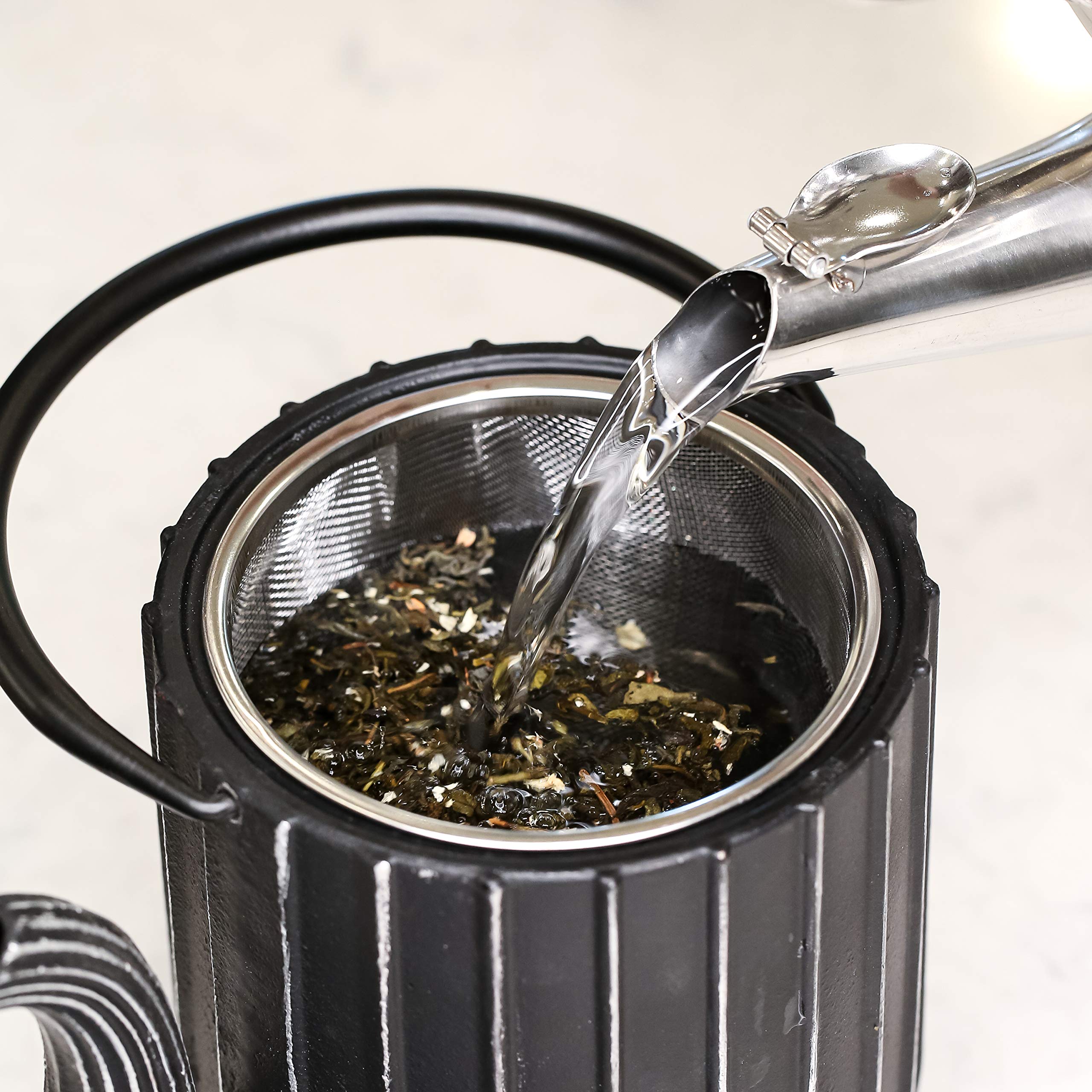Frieling Ja by Mariage Cast Iron Teapot with Stainless Steel Infuser & Trivet - 34oz Black/Silver Stovetop Tea Kettle - Perfect for Home Brewing, Tea Parties & Gift Giving