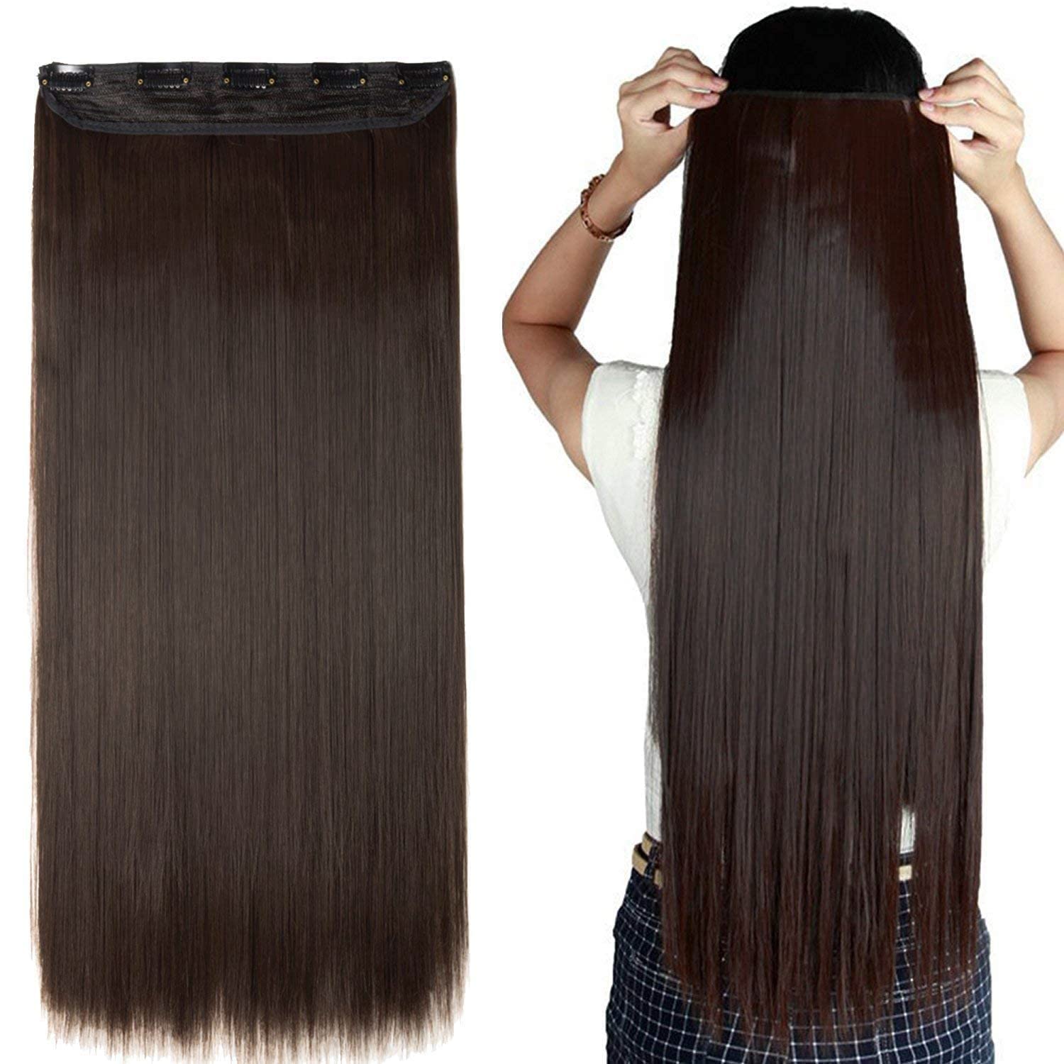 Elcabell Straight Natural Brown Long Synthetic Hair Extensions - 24 Inch 5-Clip Full Head Hairpiece for Women & Girls | Perfect for Daily Styling, Parties & Special Occasions