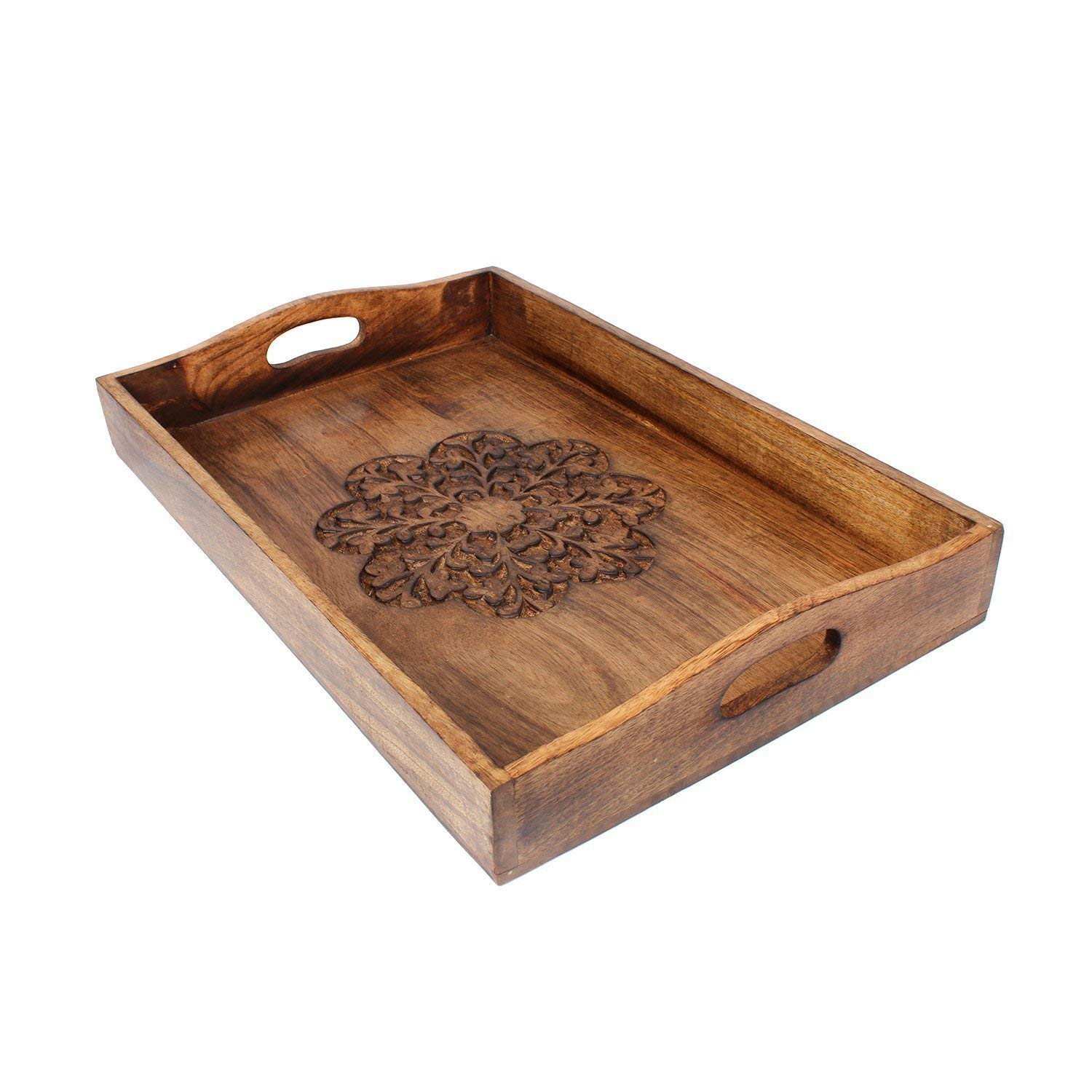 Ajuny Hand Carved Wooden Serving Tray - Floral Design Decorative Platter for Snacks, Fruits, Tea | Perfect for Kitchen, Dining Table, Coffee Bar & Housewarming Gifts
