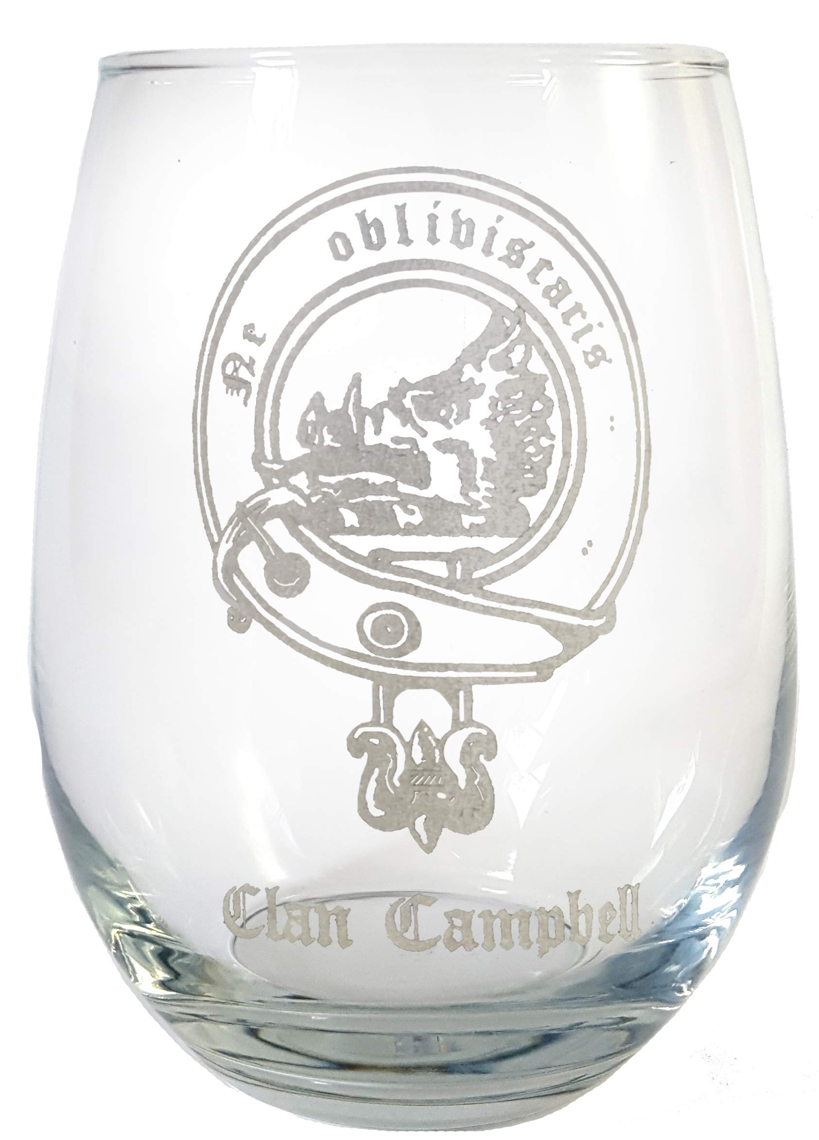 Campbell Scottish Clan Crest Stemless Wine Glasses 18oz Set of 4 - Personalized Engraving & Clan Badge - Perfect for Scottish Heritage Celebrations, Weddings, and Gift Giving