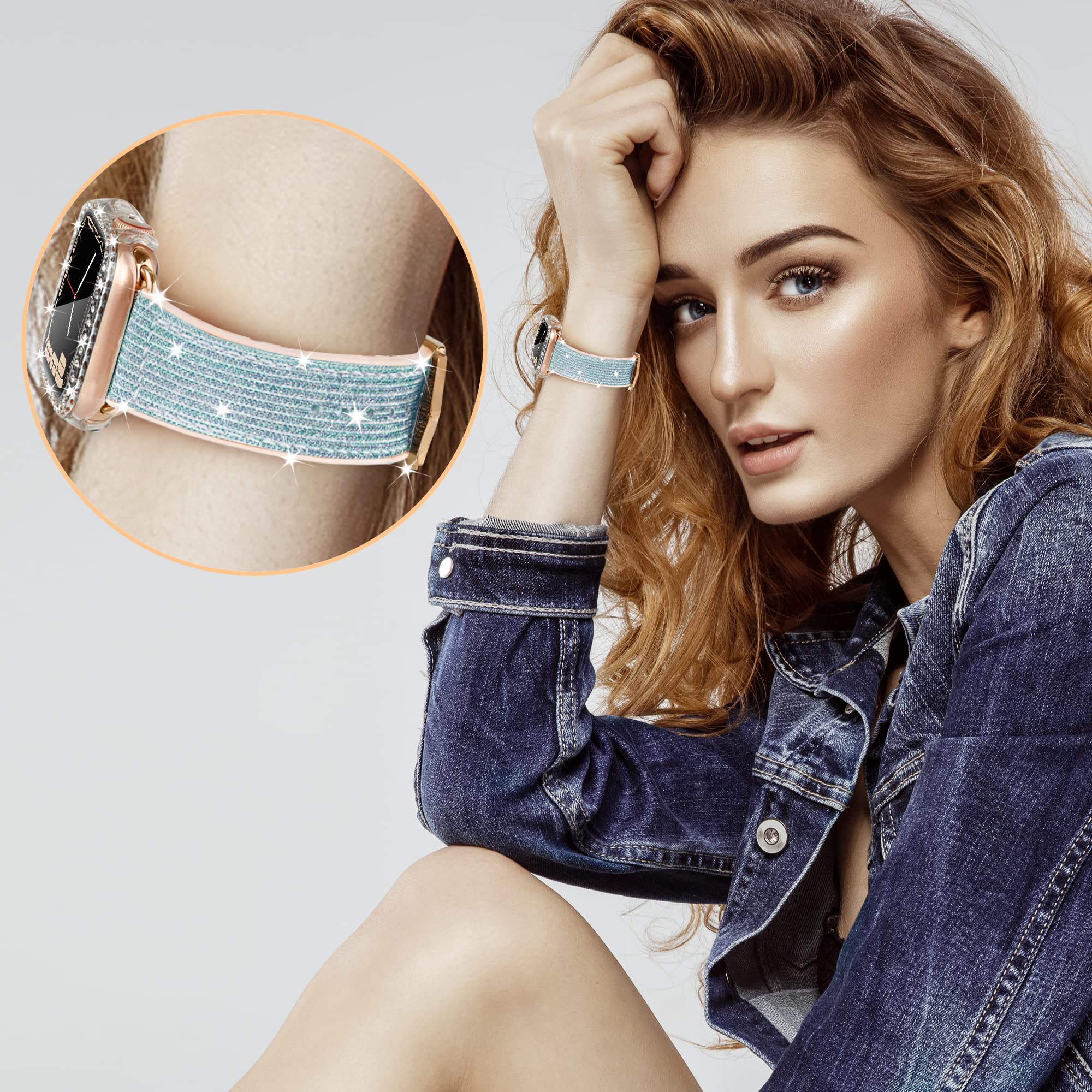 Sparkle Silicone Apple Watch Band 40mm 44mm 41mm 45mm Compatible with iWatch Series 9/8/7/6/SE/5/4 - Glitter Leather Strap for Women, Elegant Sporty Soft Bracelet for Workout, Office & Daily Wear