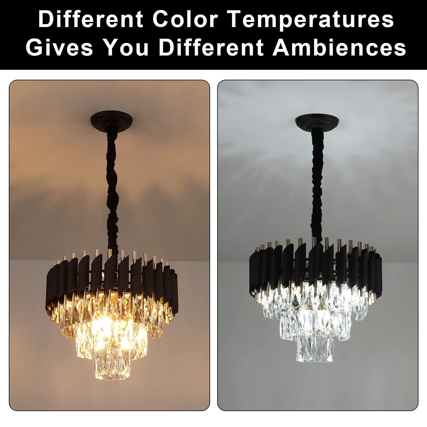 Modern Crystal Chandeliers 3-Tier Black and Gold Pendant Light Fixtures - 16