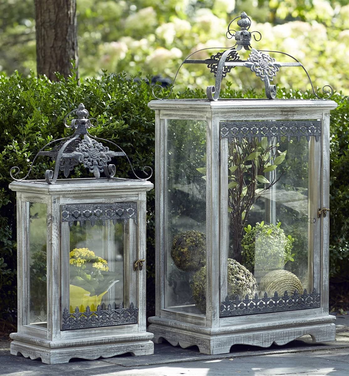 Melrose International 62460DS 28-38.5 Inch Wood, Metal & Glass Outdoor Lantern - White Wash & Gray Finish, Set of 2 - Perfect for Porch, Patio, Garden, and Entryway Lighting