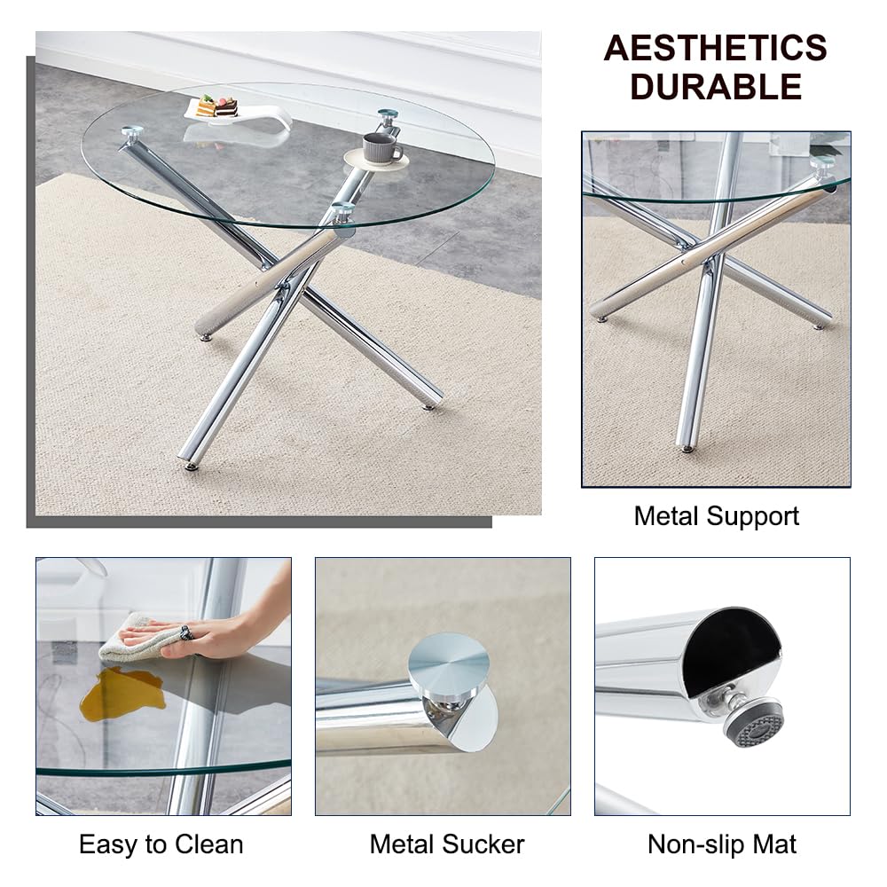 42 Inch Round Tempered Glass Dining Table Set for 4 with PU Leather Chairs - 5 Piece Modern Kitchen Table Set for Small Spaces | Perfect for Breakfast Nooks, Compact Dining Rooms & Cozy Apartments