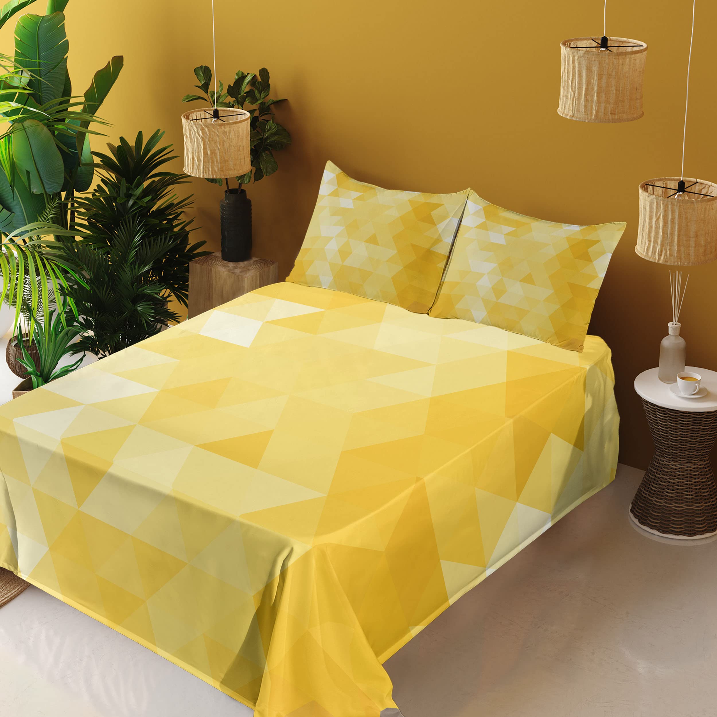 Ambesonne Yellow 4-Piece King Sheet Set - Abstract Triangle Geometric Pattern with Modern Mosaic Design, Fitted & Flat Sheets + Pillowcases | Soft Bedding for Modern Bedrooms, Guest Rooms & Dorm Decor