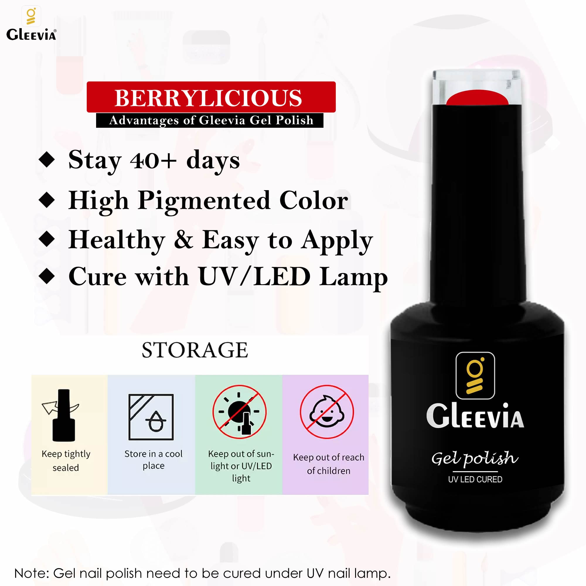 Gleevia BarryLicious UV Gel Nail Polish 15ml - Professional Long Lasting Gel Polish for Nail Art & Manicures (Berry03) | Salon Quality, Chip Resistant, Perfect for Home & Professional Use