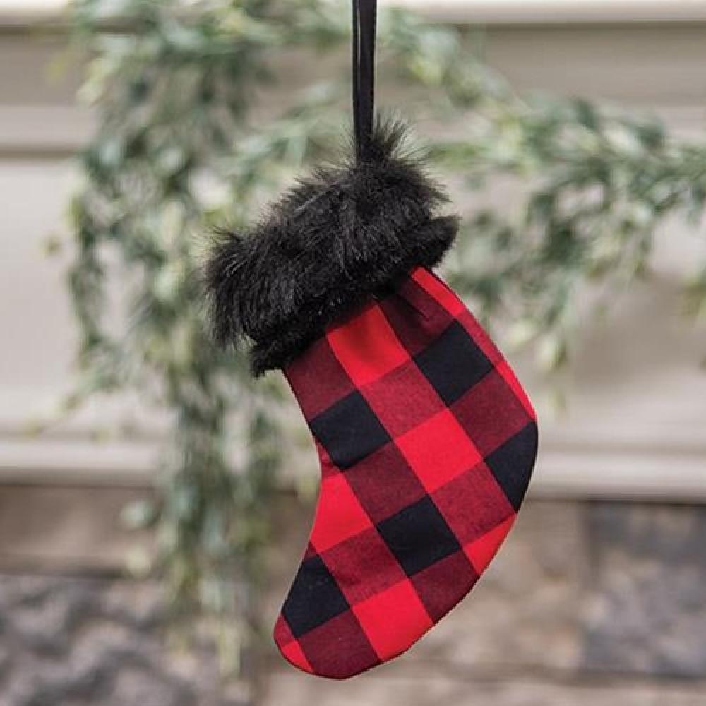 Red Buffalo Check Faux Fur Christmas Stocking Ornament - Holiday Decor for Fireplace Mantel, Tree, and Festive Home Decorations