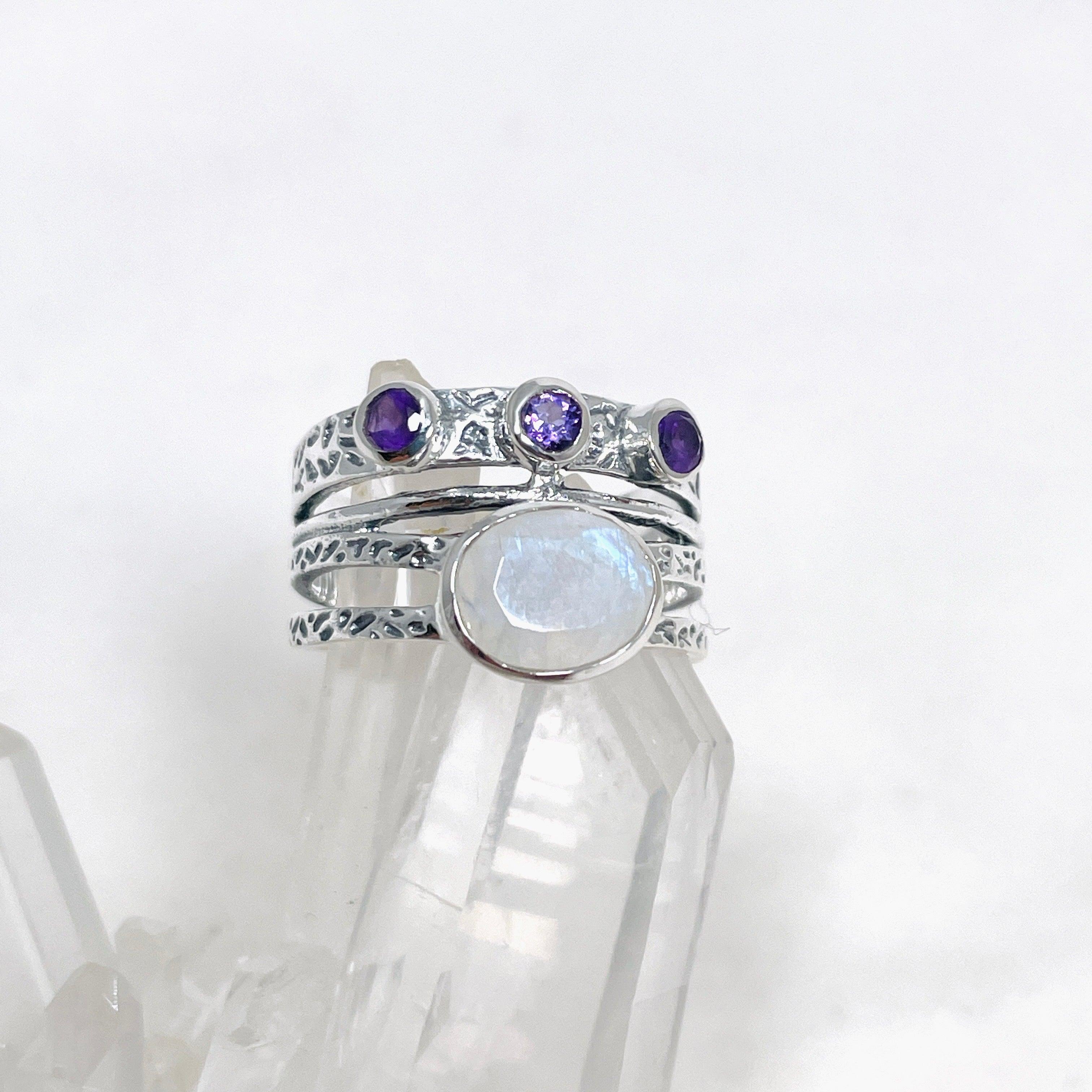 Moonstone & Amethyst Faceted Gemstone Ring R3783 - Elegant Handmade Jewelry for Women, Perfect for Weddings, Parties & Special Occasions