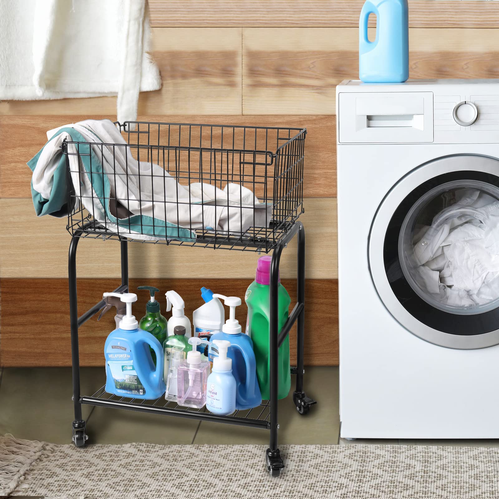 Foldable Rolling Laundry Basket with Wheels - Metal Laundry Cart for Clothes Storage, Room Organization & Garment Care - Perfect for Bedroom, Closet & Laundry Room (Black)
