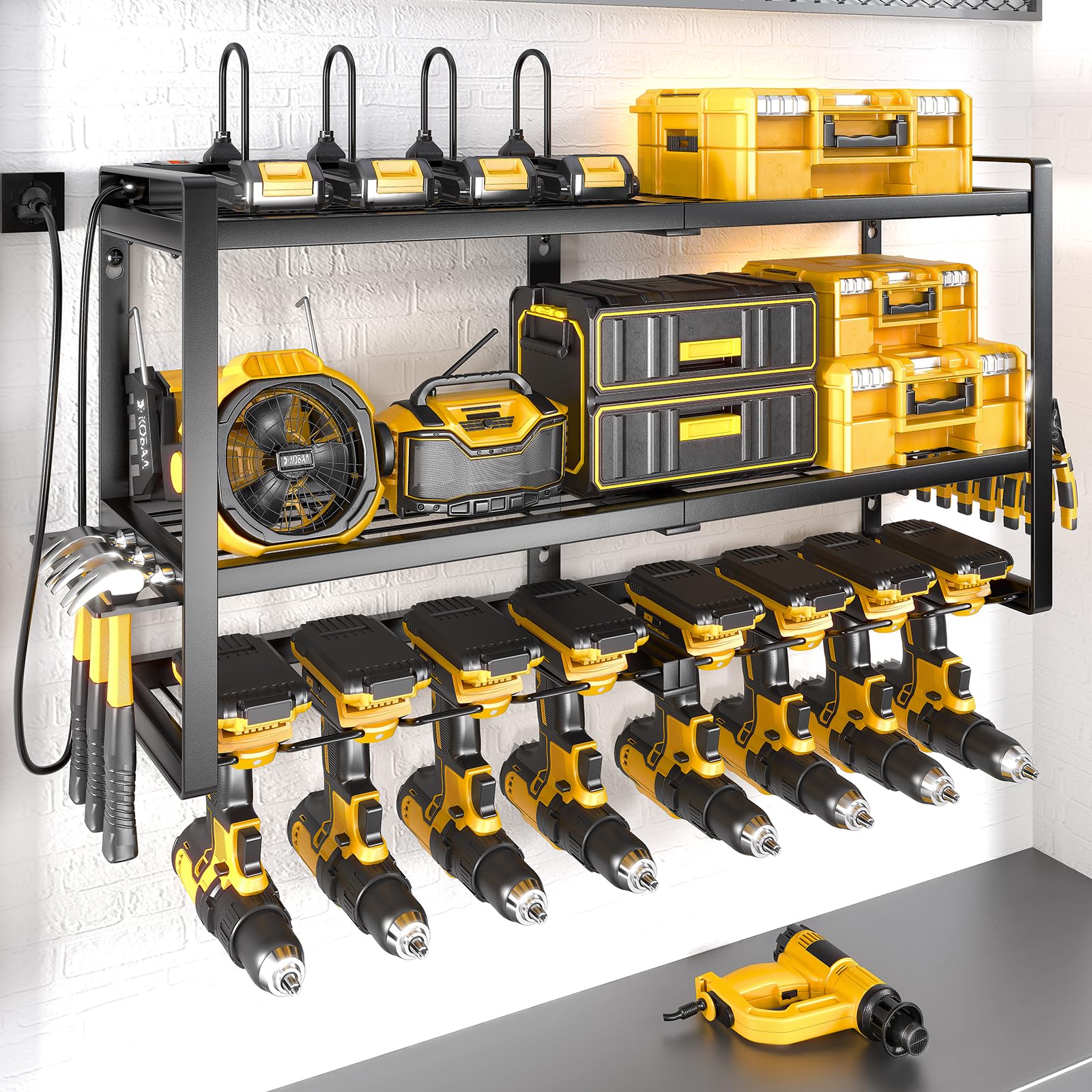 SOYEEZE Heavy Duty Power Tool Organizer with Charging Station - 8 Outlet Power Strip, Wall Mount Drill Holder & Storage Shelves for Garage Workshop - Perfect Father's Day Gift for DIY Enthusiasts & Handymen